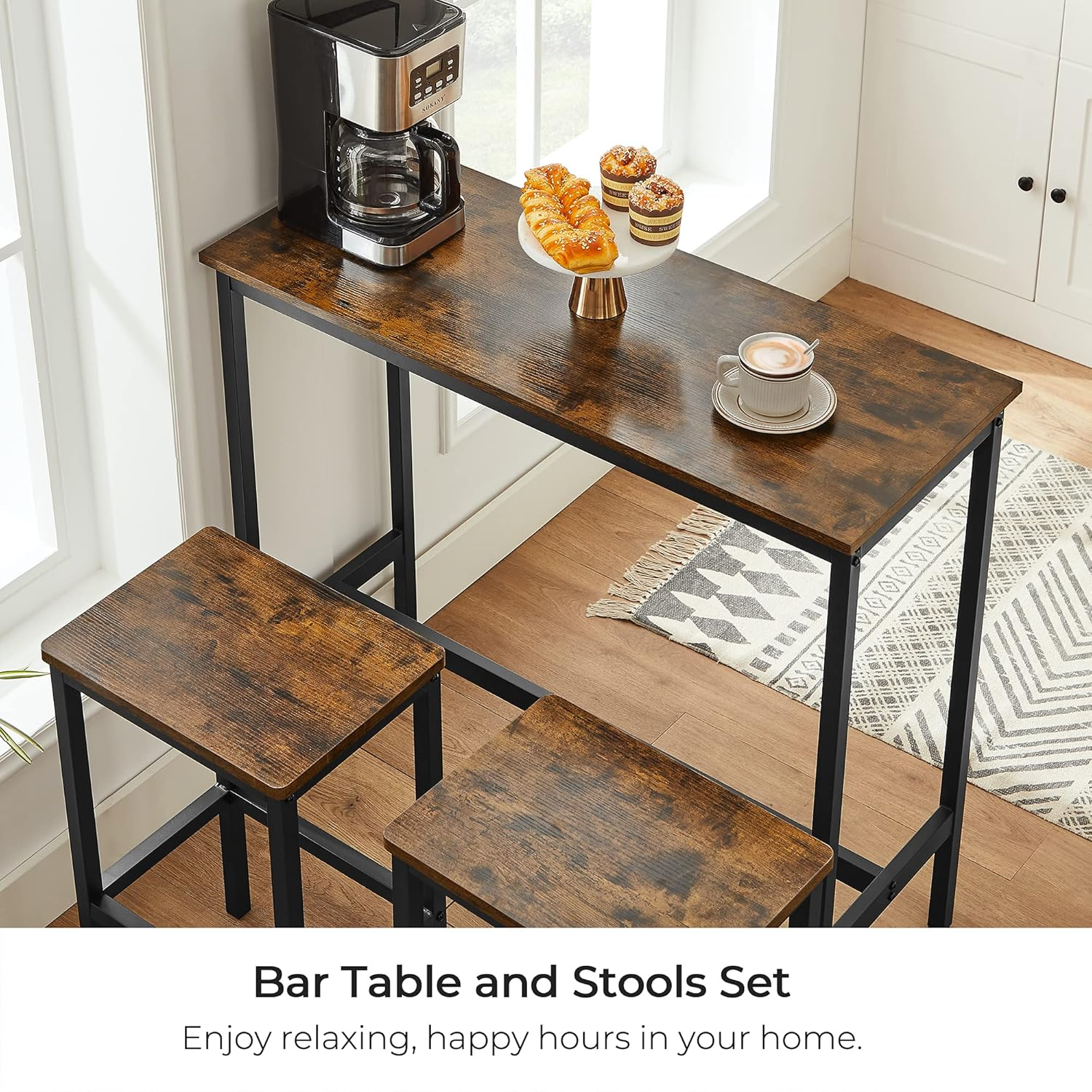 VASAGLE Dining Table Set, Bar Table and Chairs Set, Kitchen Bar Height Table with Stools Set of 2, Steel Frame, Industrial, Rustic Brown and Black ULBT218B01, 15.7 X 39.4 X 35.4 Inches image number 4