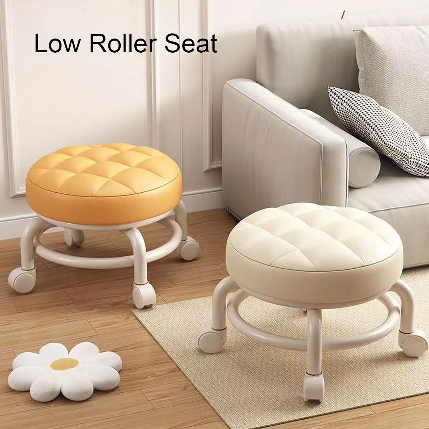 Pedicure Stool PU Leather, Low Rolling Stool, Garage Stool with Wheels, Low Roller Seat, Mute Wheel Swivel Roller Chair for Home Office Shop (Orange) - Orange image number 2