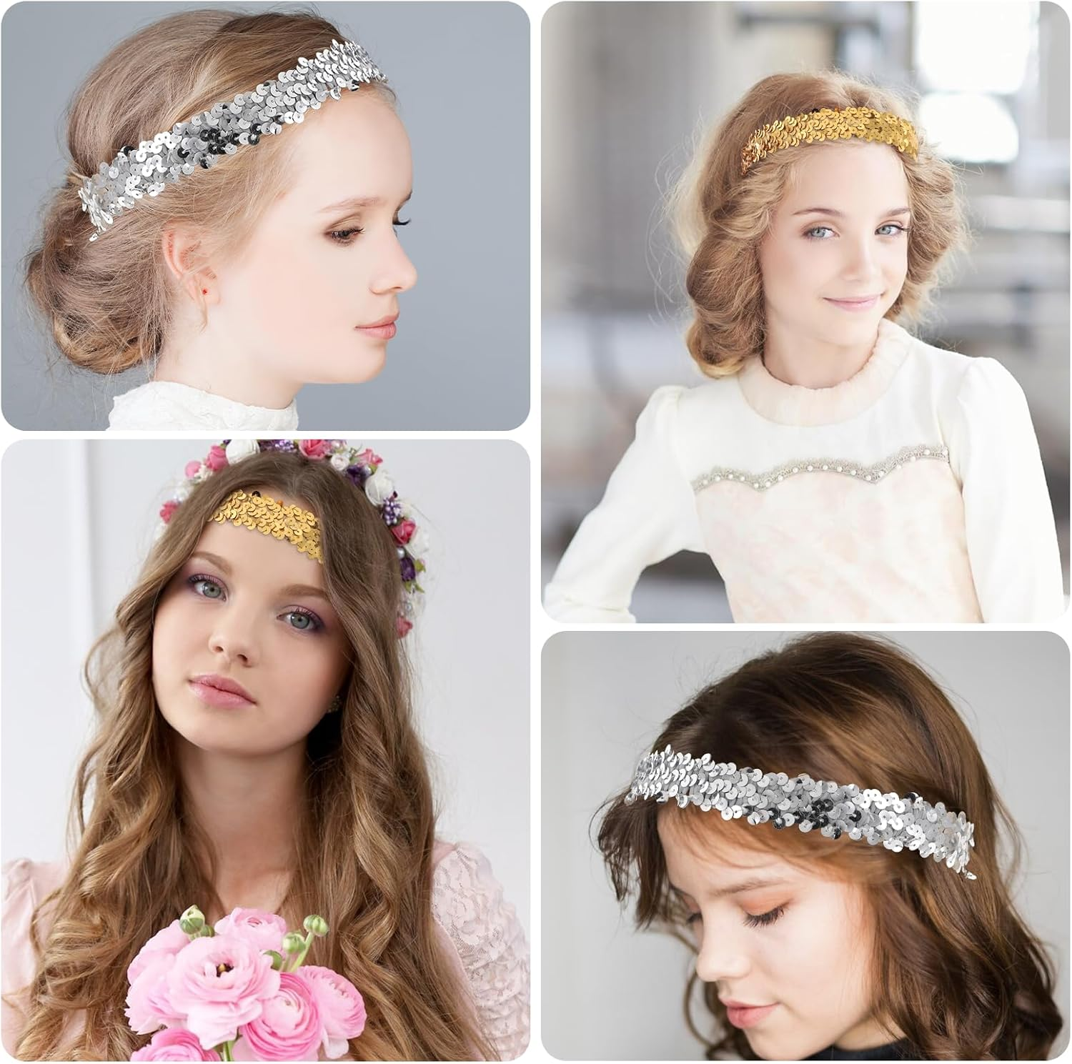 Sequin Headbands 12 Pack - Silver & Gold, Sparkle Disco Adjustable Elastic Glitter Head Bands for Girls & Women, Sparkly Fashion Elastic Headbands for Dance Party image number 2
