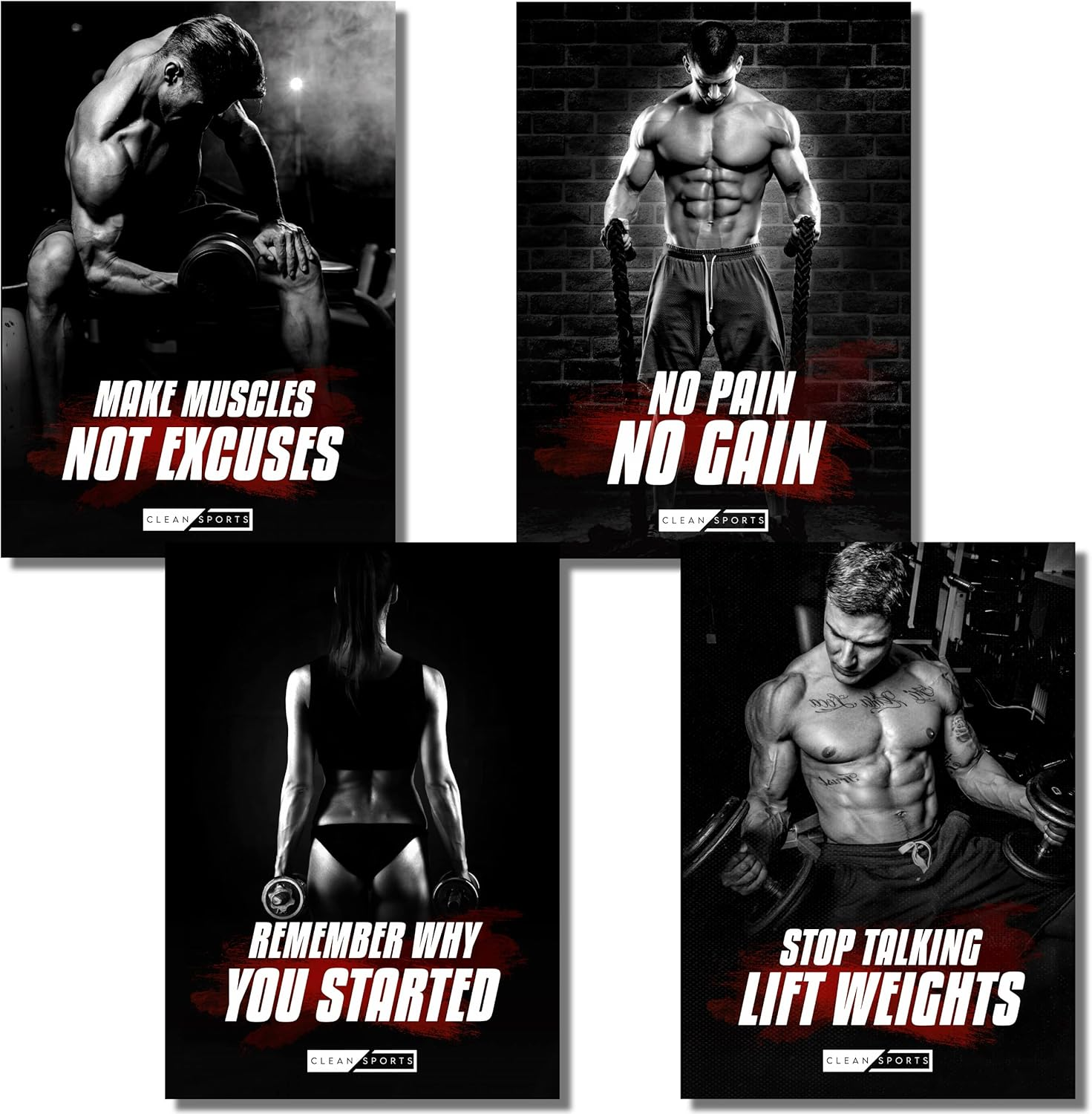 Fitness Poster &ndash; Gym Pictures Set of 4 Motivation for Body Pictures in DIN A2 Format &ndash; Training Poster for Gyms and Home Gym &ndash; without Frame Ideal Decoration for Your Training Room image number 1