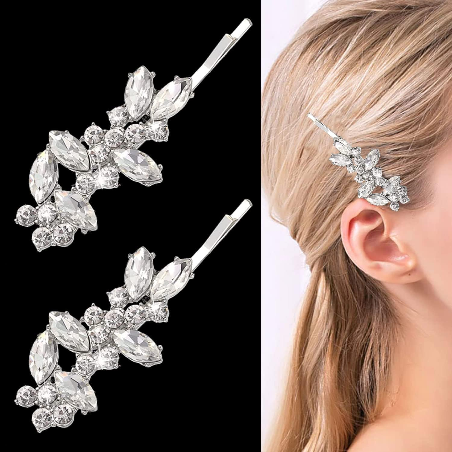 2 Pieces Rhinestone Bridal Hair Clips Leaf Bridal Wedding Hair Pins Crystal Hair Clips Silver Rhinestone Jewelry Barrette for Brides Bridesmaids Flower Girls (Rose Gold)