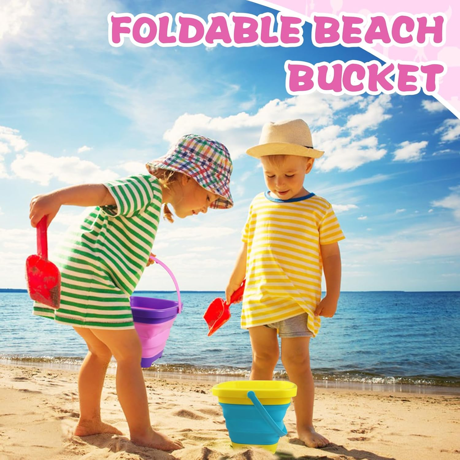 2Pcs Foldable Beach Play Sand Pails, Collapsible Buckets with Handle for Kids, Outdoor Summer Beach Camping (Pink-Purple+Blue-Yellow) image number 3