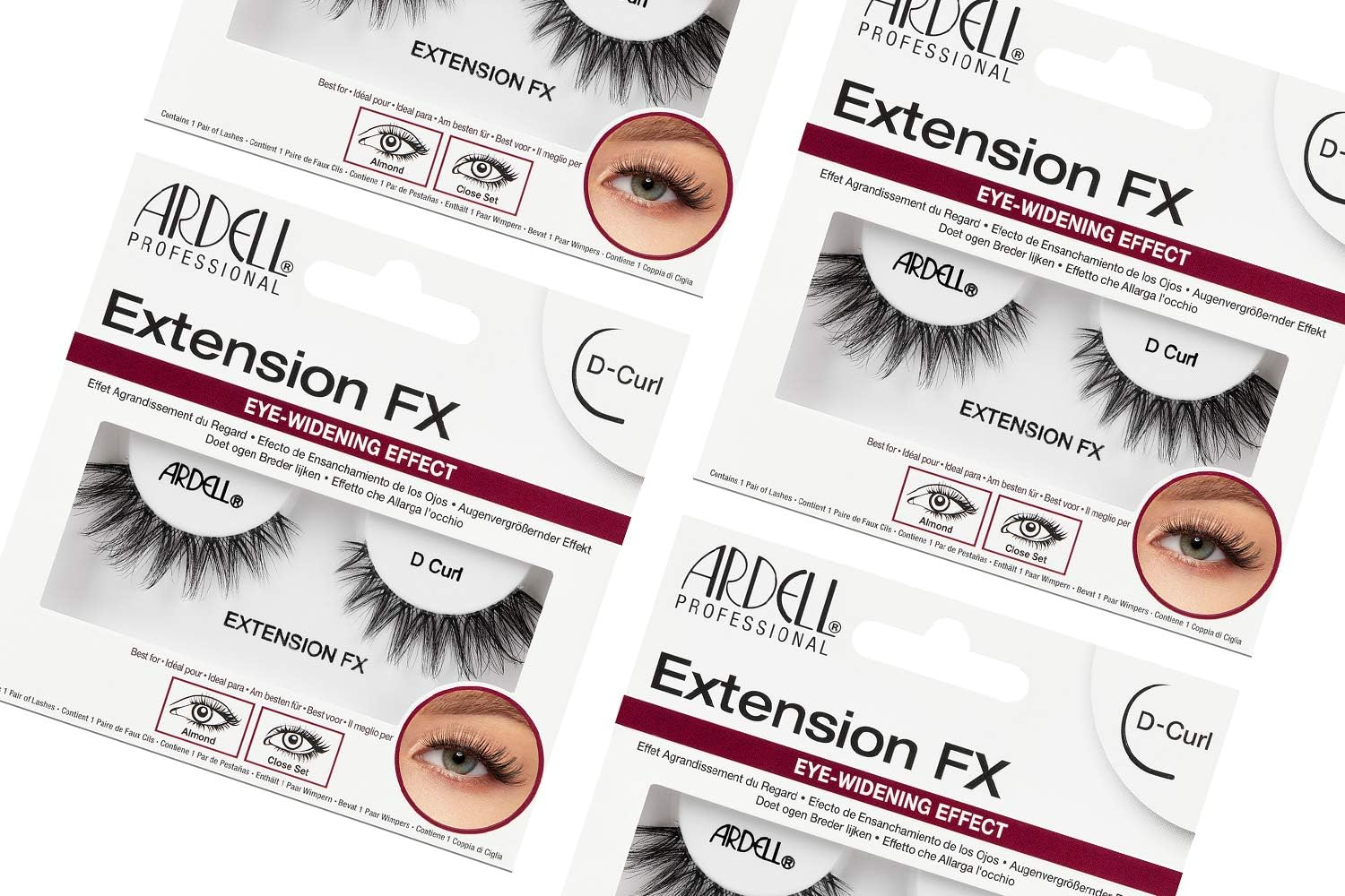 Ardell Extension FX D Curl False Eye Lashes for Eye Widening Effect, 4 Pack
