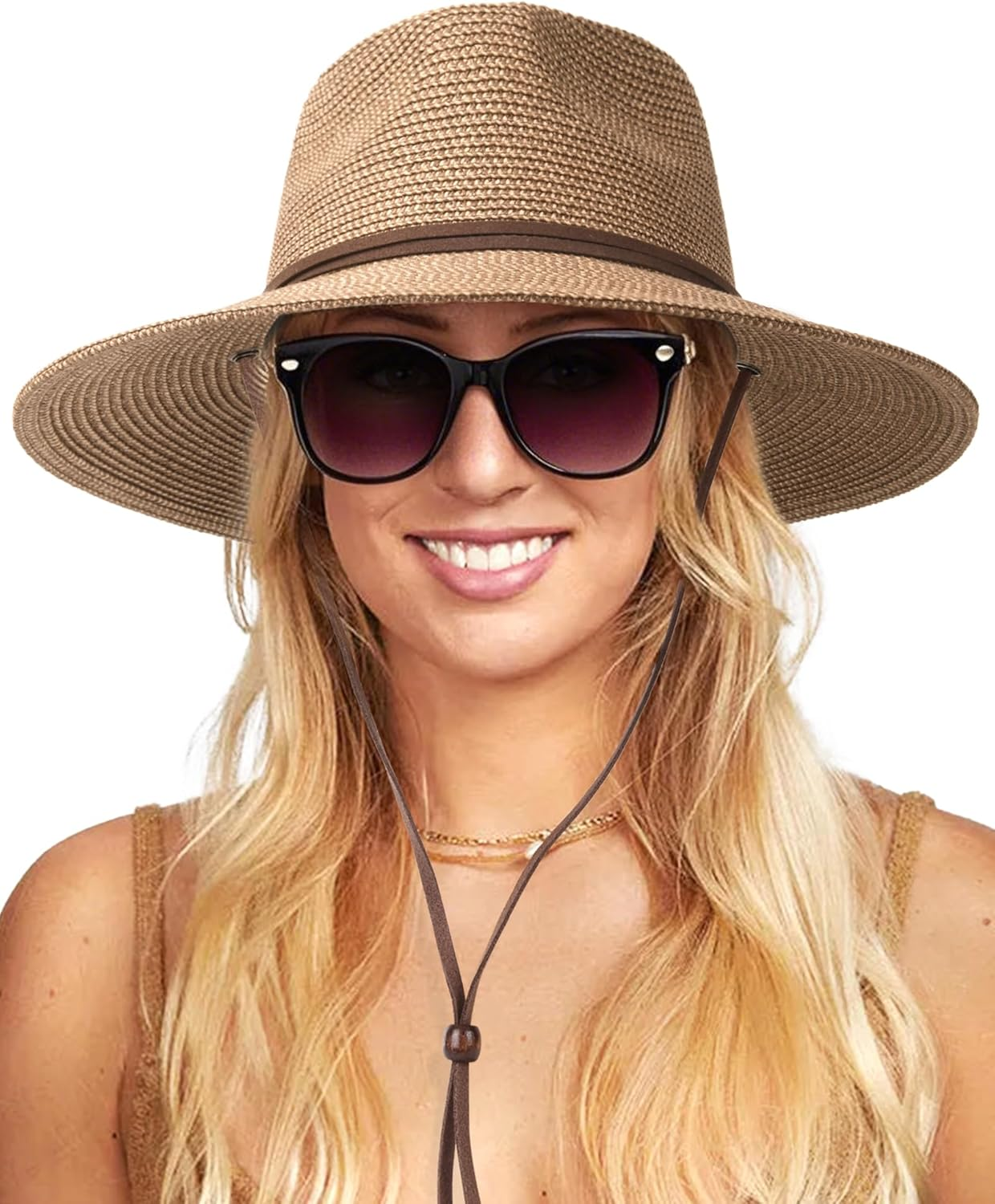 FURTALK Womens Sun Hat Summer Straw Beach Hats UPF 80+ Wide Brim Panama Fedora Hats with Wind Lanyard