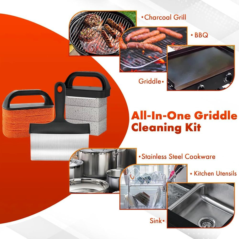 Griddle Cleaning Kit for Blackstone and Flat Top Grills, 10-Piece Set with Grill Stone, Upgraded Scouring Pads, Scraper and Brush with Handle, Easy Grease and Stain Removal image number 2