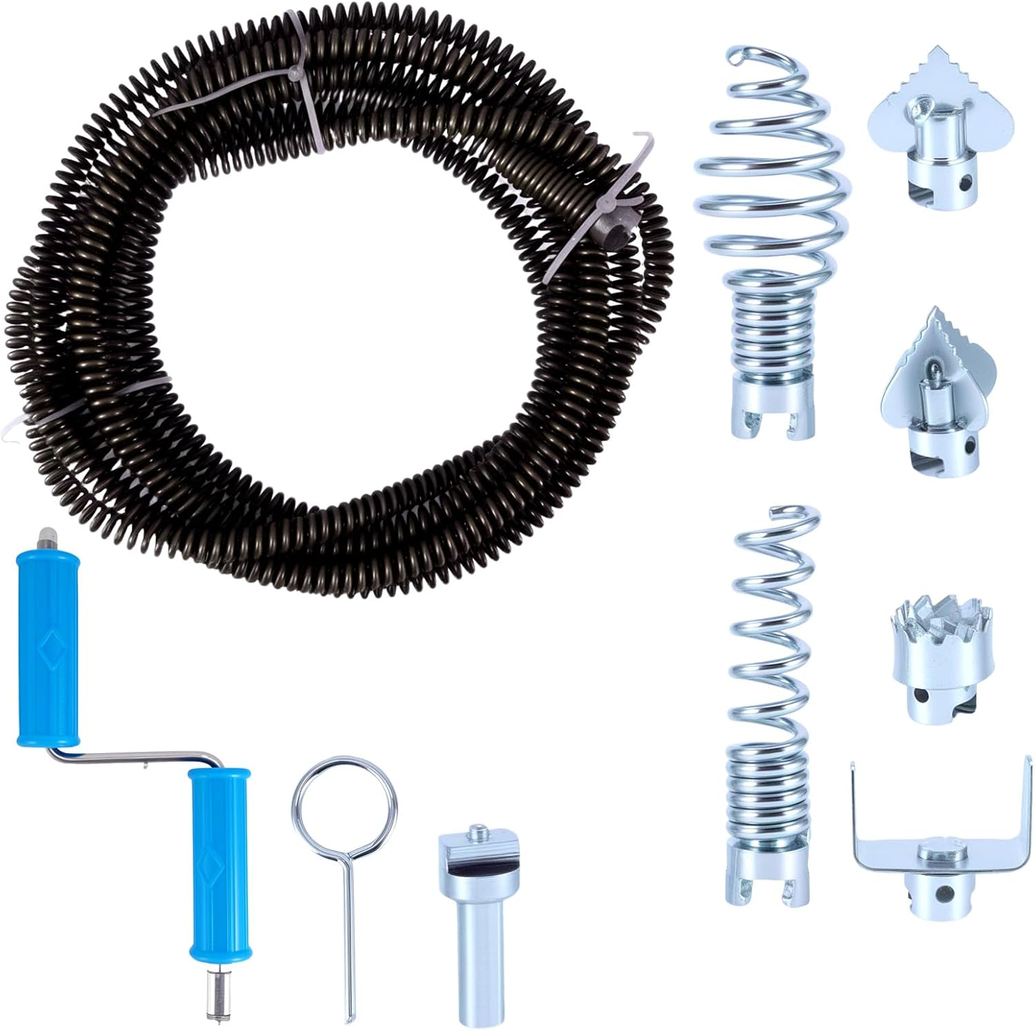 Drain Cleaner Spiral 5 M &ndash; Drain Pipe Cleaning Spiral Diameter 12 Mm, with 6 Pieces Drain Cleaner Cutting Head for Pipe Cleaning with Drill Tip Drain Snake image number 1
