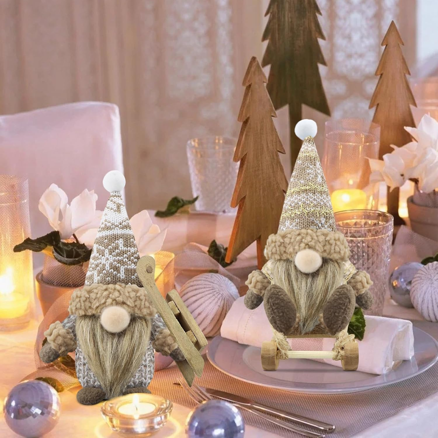 Gehydy Set of 3 Christmas Gonk Decorations Handmade Sled Gnome Plush Stuffed Xmas Decor for Home Kitchen Farmhouse - Brown - Blue image number 6