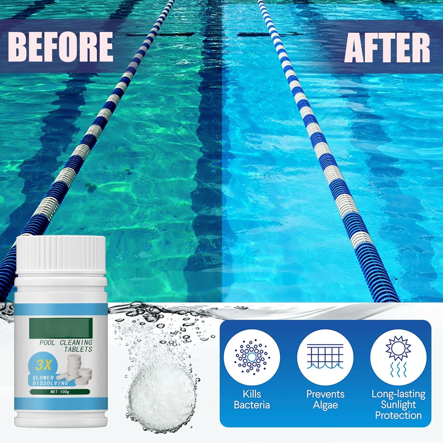 Refreshpool Quick Pool Cleaning Tablet, Pool Chlorine Tablets, Chemical Dispenser Pool Cleaning Tools, for Swimming Pools, Spa, Hot Tub, Kitchen Sinks, Toilets, 100Pcs (A) - B image number 6