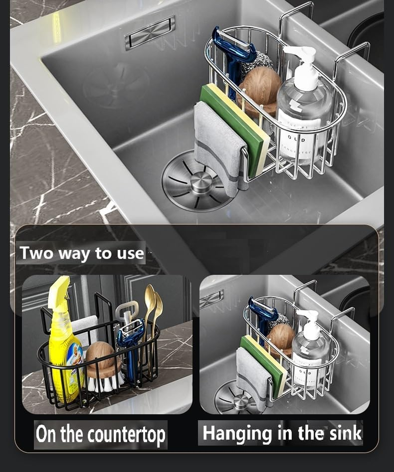 Sponge Holder for Kitchen Sink, Rust-Proof Stainless Steel Sink Holder, Suitable for Holding Sponges, Brushes, Sink Plugs, Cleaning Tools - Black image number 4