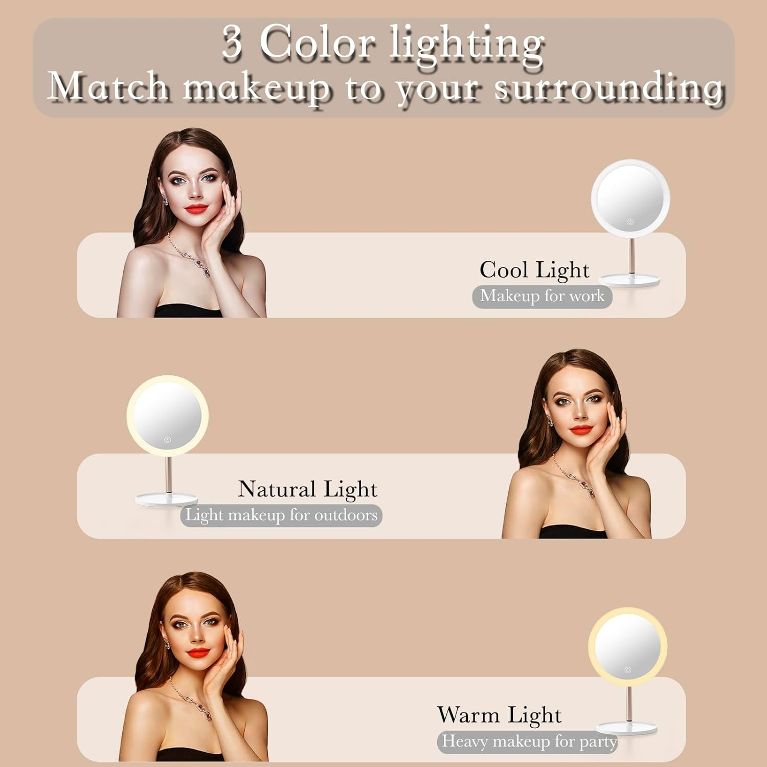 YEAKE Lighted Makeup Mirror,8.5'' Large Rechargeable Vanity Mirror with 3 Color Lights,Dimmable Touch Screen, Brightness Adjustable Desk Tabletop Mirror,Portable Table Cosmetic Mirror for Travelling image number 1