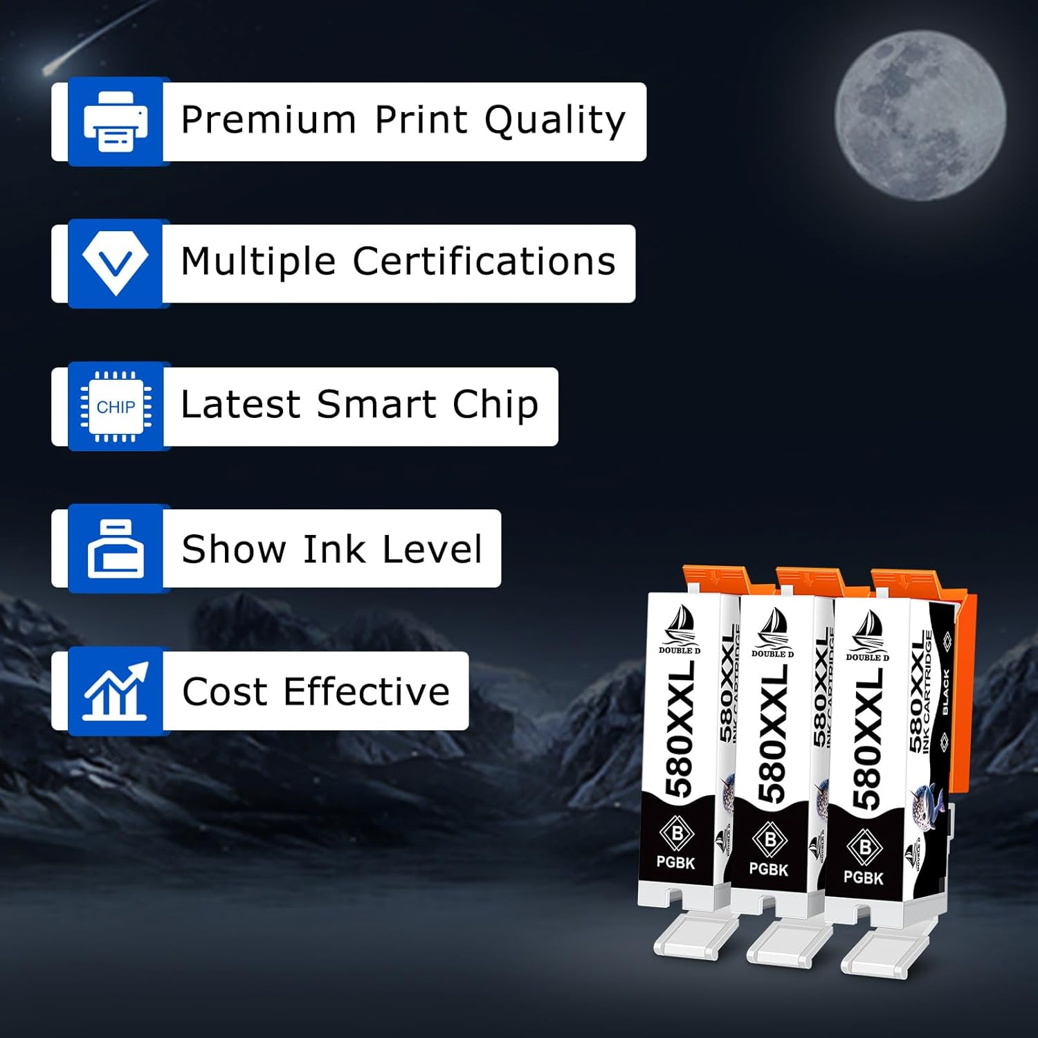 3-Pack PGI-580 580 PGBK XXL Black Ink Cartridges for Canon PGI-580XXL PGI-580XL, Work with Canon Pixma TS6350 TS705 TS702 TS8350 TS8250 TS8151 TS9150 TR8550 TR7550 TS6150 TS6250 TS9550 TS8351 image number 1