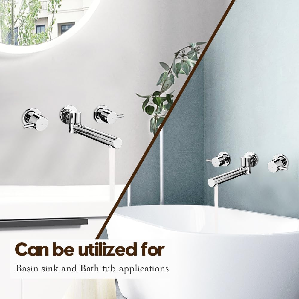 Decaura Bathroom Wall Sink Tap Set Basin Bath Swivel Spout Vanity Spa Bathtub Water Outlet with 1/4 Turn Twin Tap Faucet Brass (Chrome) - Chrome image number 6