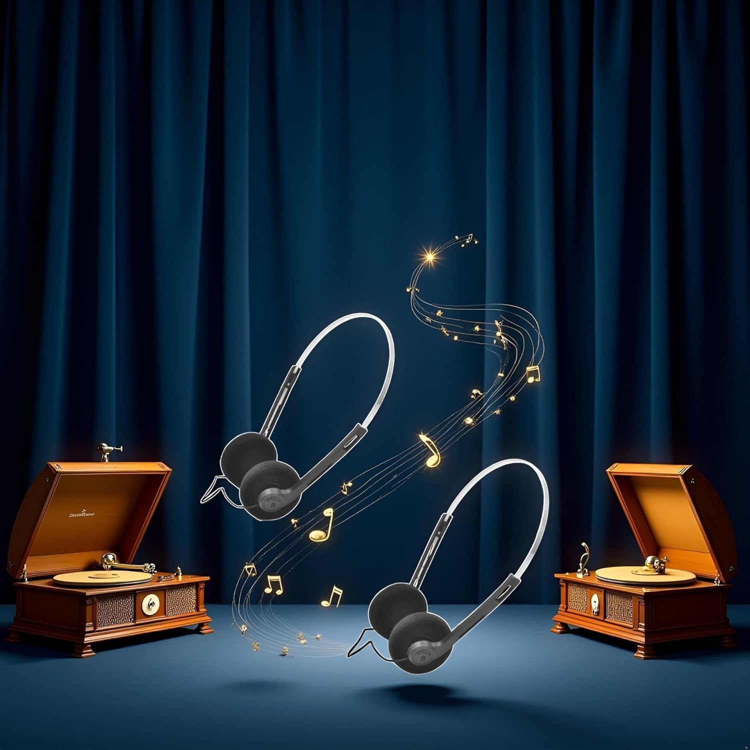 2 Pcs Retro on Ear Headphones, Wired Stereo Headphones, Lightweight Portable Headphone with Adjustable Headband, Cassette Player, Over-Ear (Black)