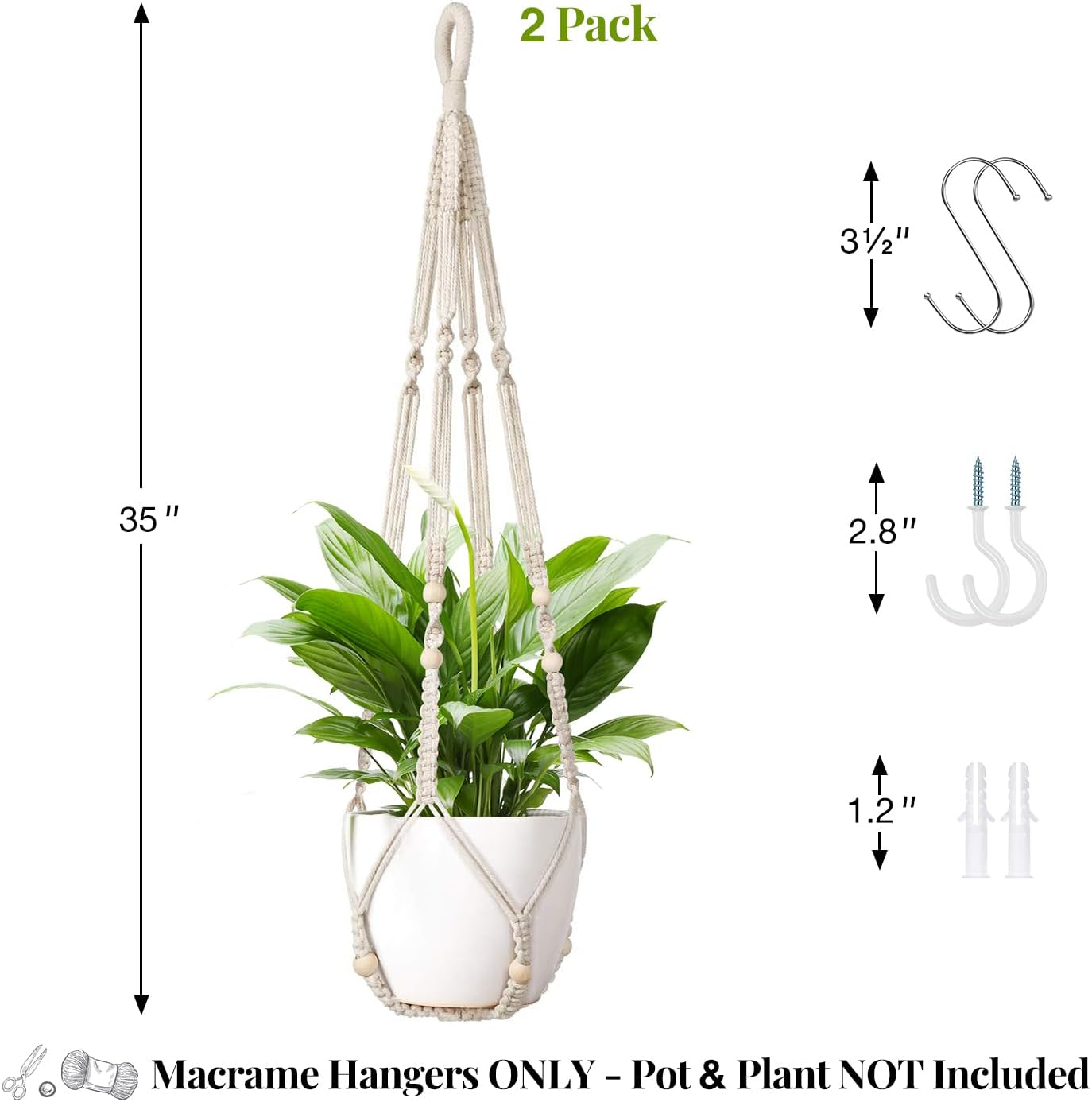 Macrame Plant Hanger Indoor Set of 2 with 4 Hooks, Indoor Outdoor Hanging Planter for Plants Holder with Decorative Wood Beads & No Tassels, Boho Home Decor, 35 Inch Ivory (Pots Not Included) image number 4