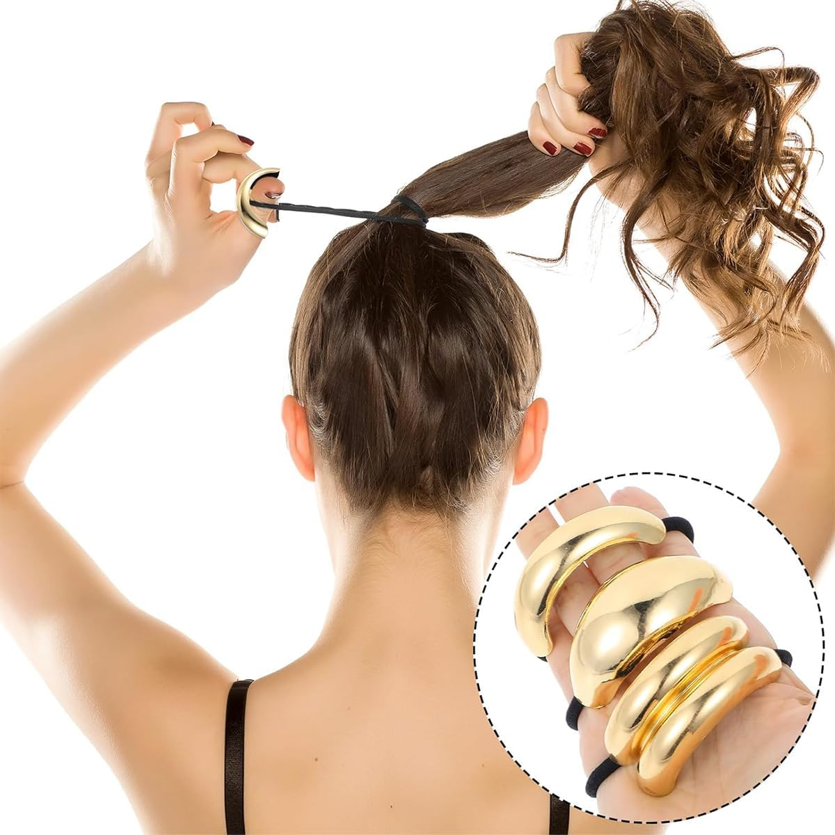 3 Pcs Gold Hair Cuffs,Ponytail Cuff, Good Elastic Hair Band, Metal Geometric Elastic Hair Ties,Suitable for Ladies and Girls image number 2