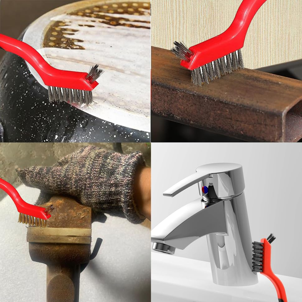 Wire Brush 3Pcs Metal Scrubber - Nylon/Brass/Stainless Steel Bristles with Curved Handle Grip for Cleaning Rust Removal, Dirt, Paint Scrubbing with Deep Cleaning &ndash; 7 Inches image number 1