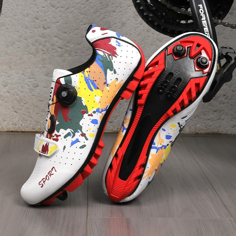 Hixingo Cycling Shoes Men Women Colourful Graffiti Print MTB Cycling Shoes Mountain Bike Shoes Trainers Breathable Outdoor Cycling Shoes Bicycle Spin MTB Shoes image number 5