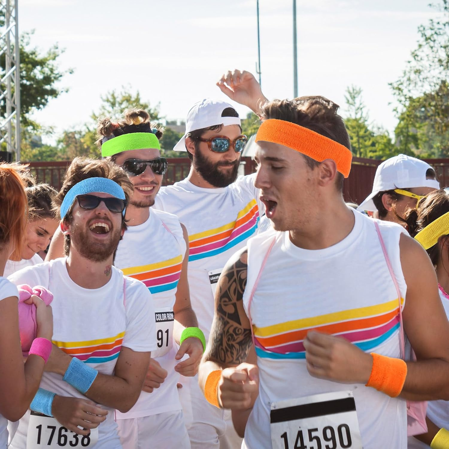 24 Pieces 80S Neon Sweatbands Set, Include 8 Sports Headbands and 16 Sweat Wristbands Elastic Athletic Tennis Sweat Bands Bulk for Man Woman image number 2