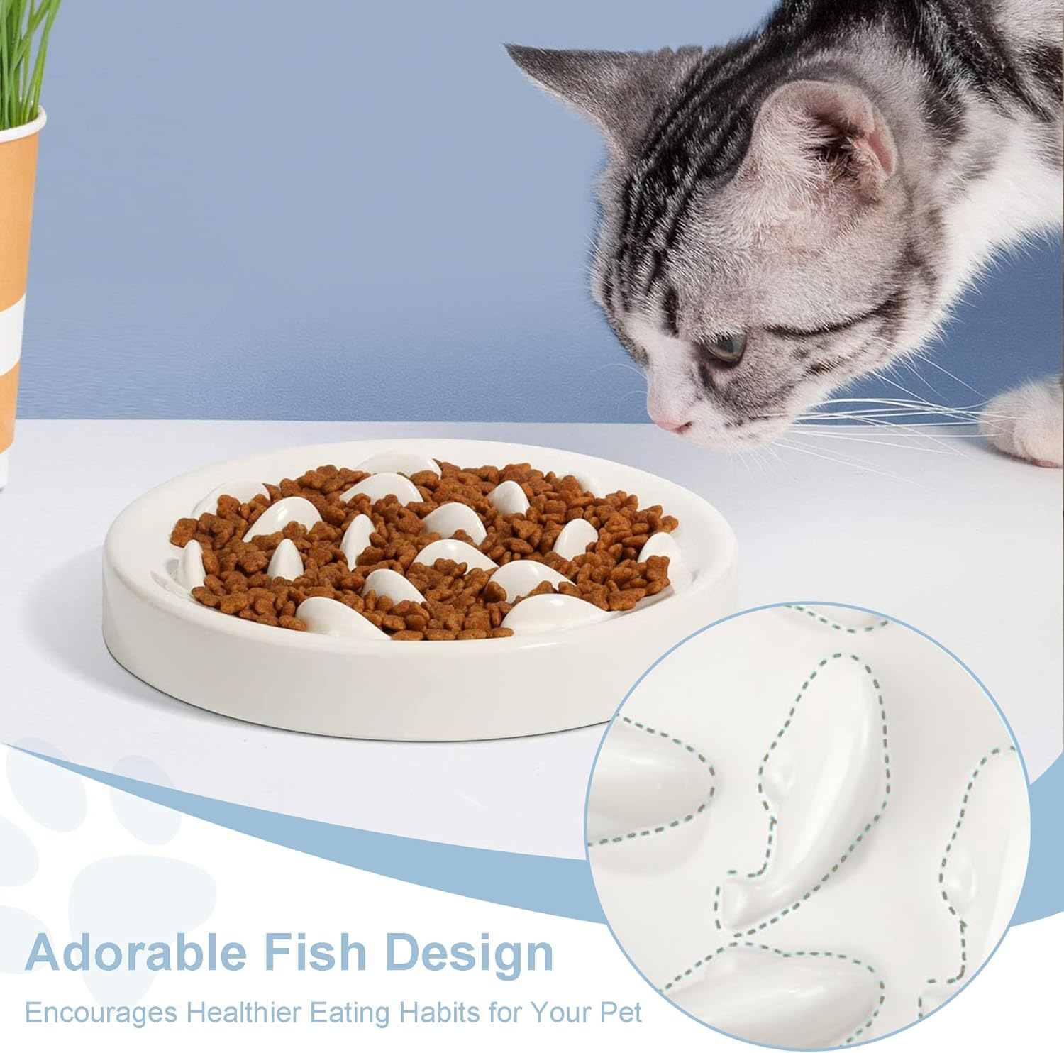 Slow Feeder Bowl for Cats and Small Dogs,Cilkus Fish Pool Design, Fun Interactive Bloat Stop Puzzle Feeder Bowl Healthy Eating Diet Made of Melamine Food Grade Material Dishwasher Safe (White) image number 4