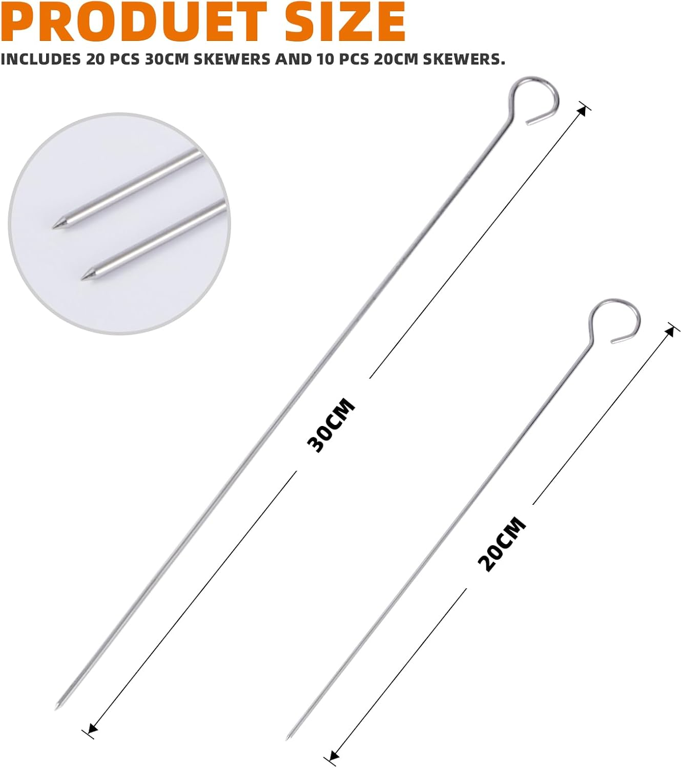 30 Pcs BBQ Metal Skewers Stainless Steel, Food-Grade 30Cm and 20Cm Reusable Kebab Skewers for Air Fryer Grilling, Oven, and BBQ image number 6
