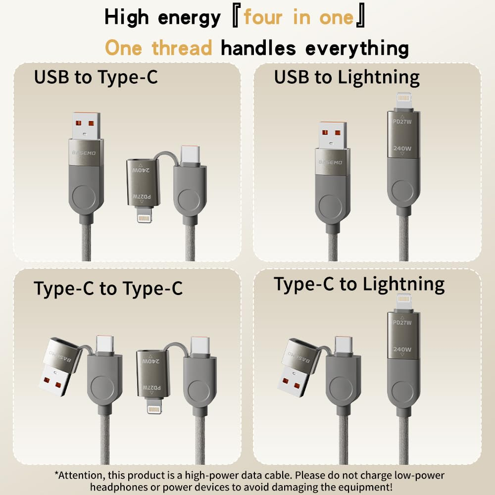 240W Magnetic USB C Cable [Automatic Coiled], 4-In-1 Multi Charging Cable (1.2M), USB A/C to C/L, Fast Charger for Iphone 16/15/14 Pro Max, Macbook, Ipad, Samsung S24 & More image number 6