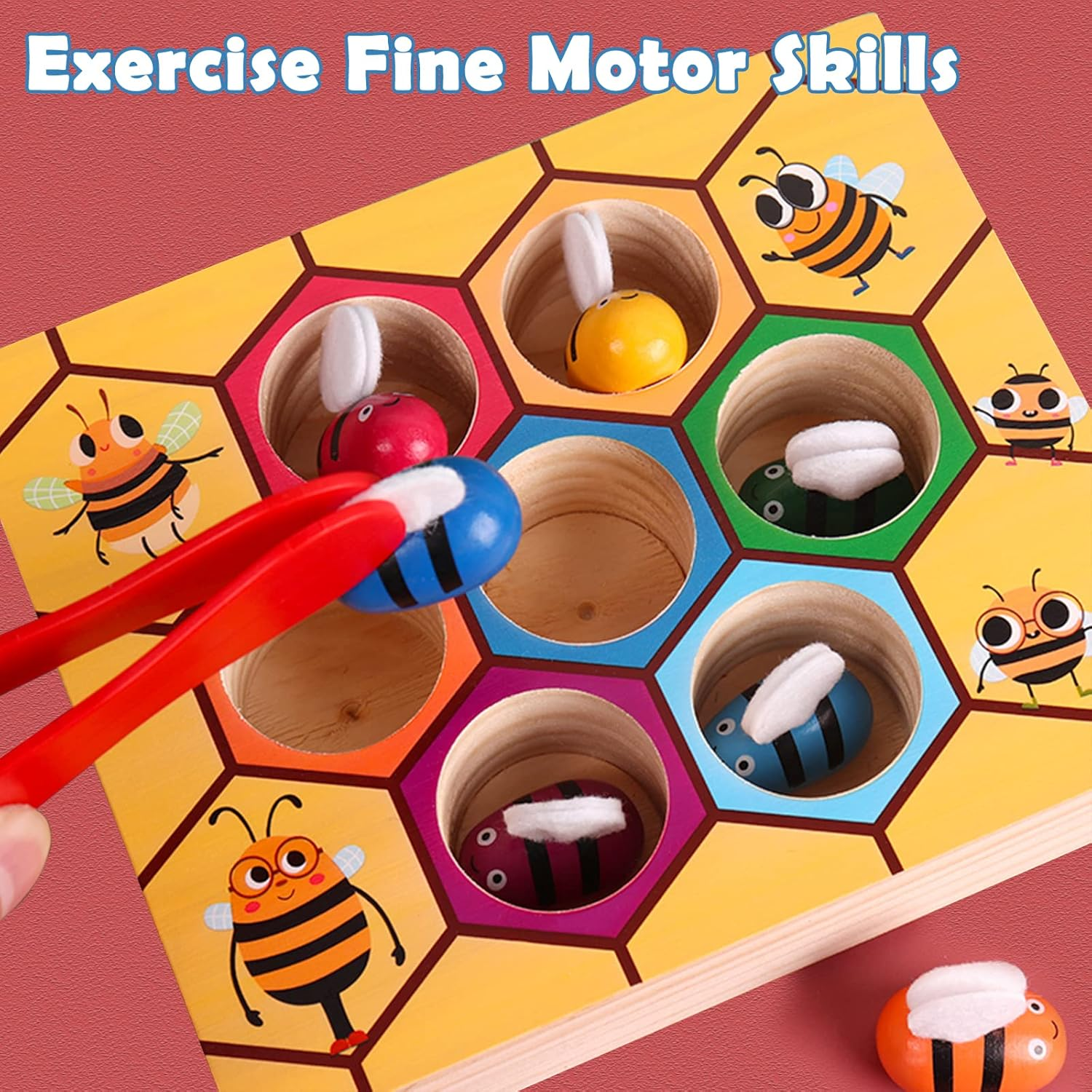 YUNCHY Toddler Fine Motor Skill Toy, Bee to Hive Matching Game, Montessori Wooden Color Sorting Matching Toy, Preschool Educational Learning Toys Toddler 2 3 Years Old image number 1
