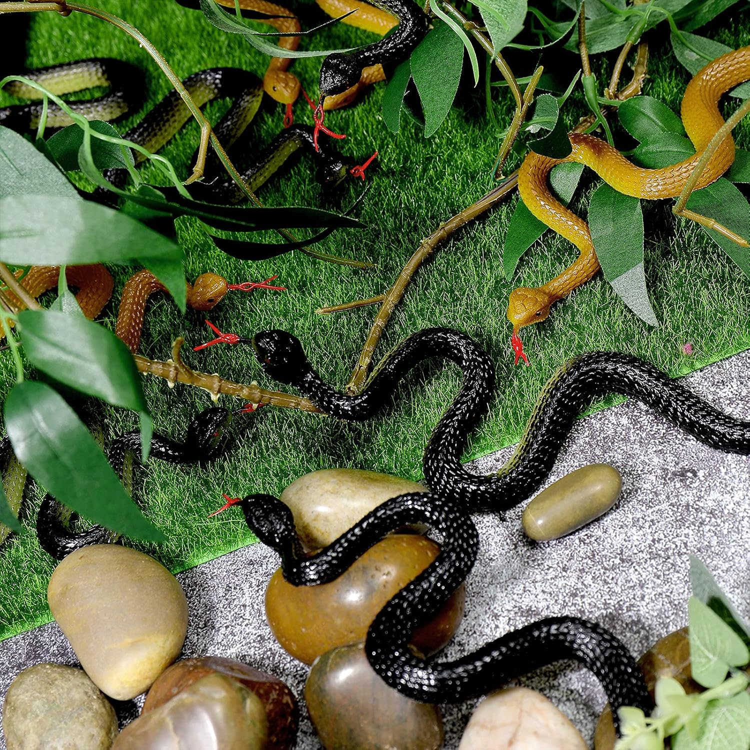 Skylety 15 Pieces Rubber Snakes Realistic Snake 17. 7 Inch Fake Plastic Snake Props for Garden Props to Keep Birds Away, Pranks, Halloween Decoration(Yellow, Black) image number 5