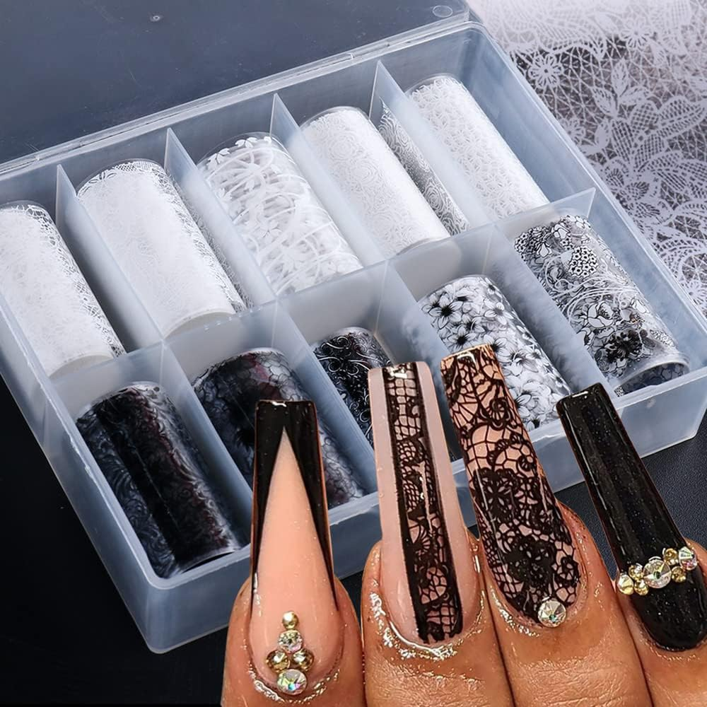 Lace Nail Art Foil Transfer Stickers Black White Flower Foil Transfers Decals Nail Supplies Starry Sky Lace Flowers Nail Foils Nail Art Adhesive Transfer Foils Sticker for Women Girls Manicure Tips