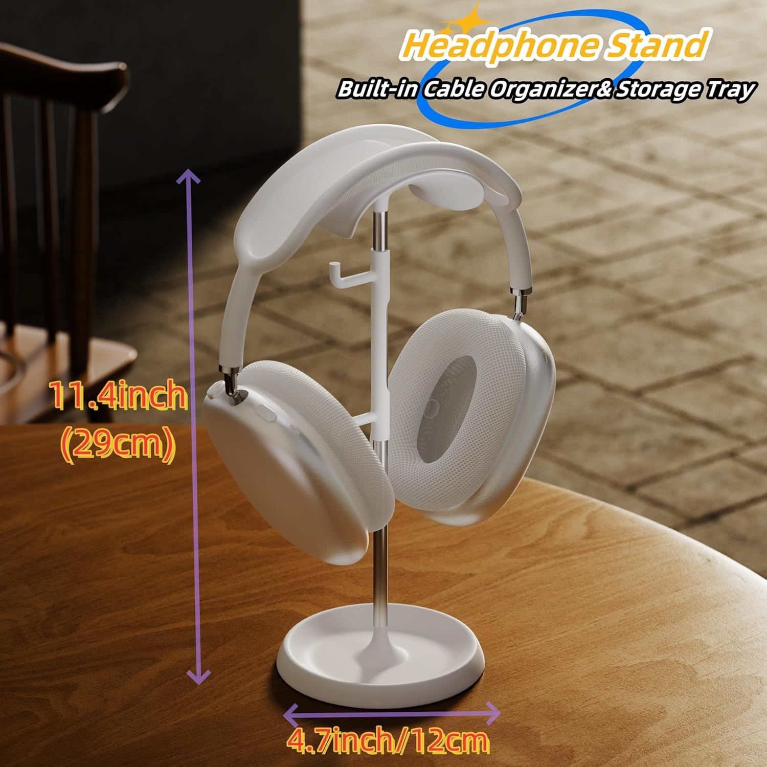 Headphone Stand, Headphone Holder with Cable Organizer Storage Tray Compatible for Airpods Max, Airpods, Airpods Pro, Beats, Bose and Most Gaming Headphones. 【No Tools Required】 ME-2 (White) image number 4