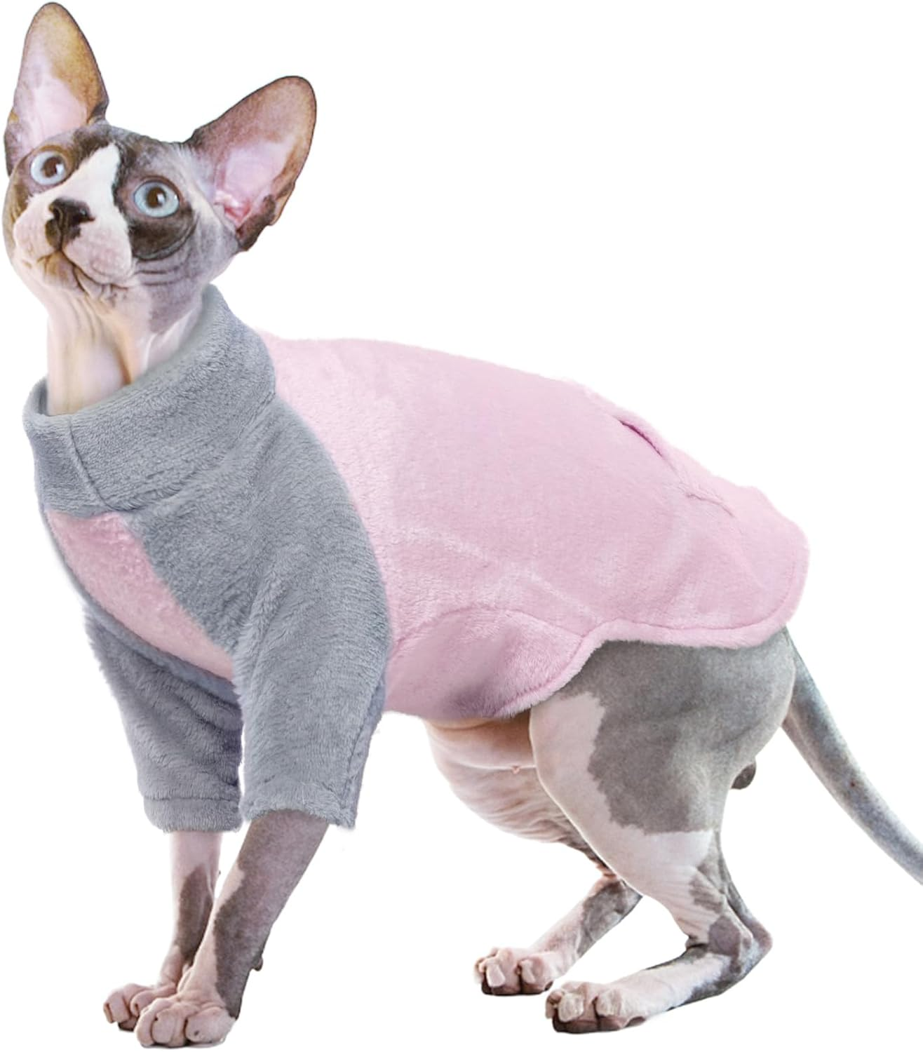 Cat Jumper, Hairless Cat Sweater Cat Fleece Outfit Coat Cat Warm Shirt Apparel with Sleeves Cat Pullover Winter Pajamas Jumpsuit(Pink, XL) image number 3