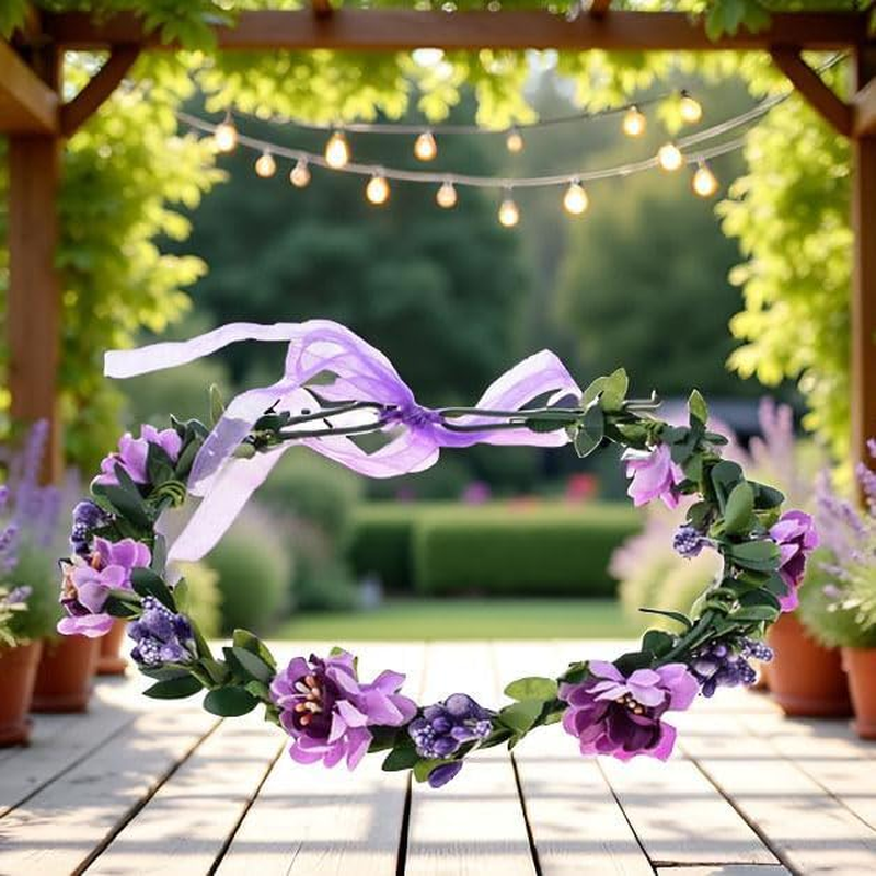 1Pc Purple Flower Headband Rose Handmade Flowers Floral Garland Hair Band Crown Tiara Decoration Adjustable Headdress Hair Accessories,Clips and Barrettes image number 2