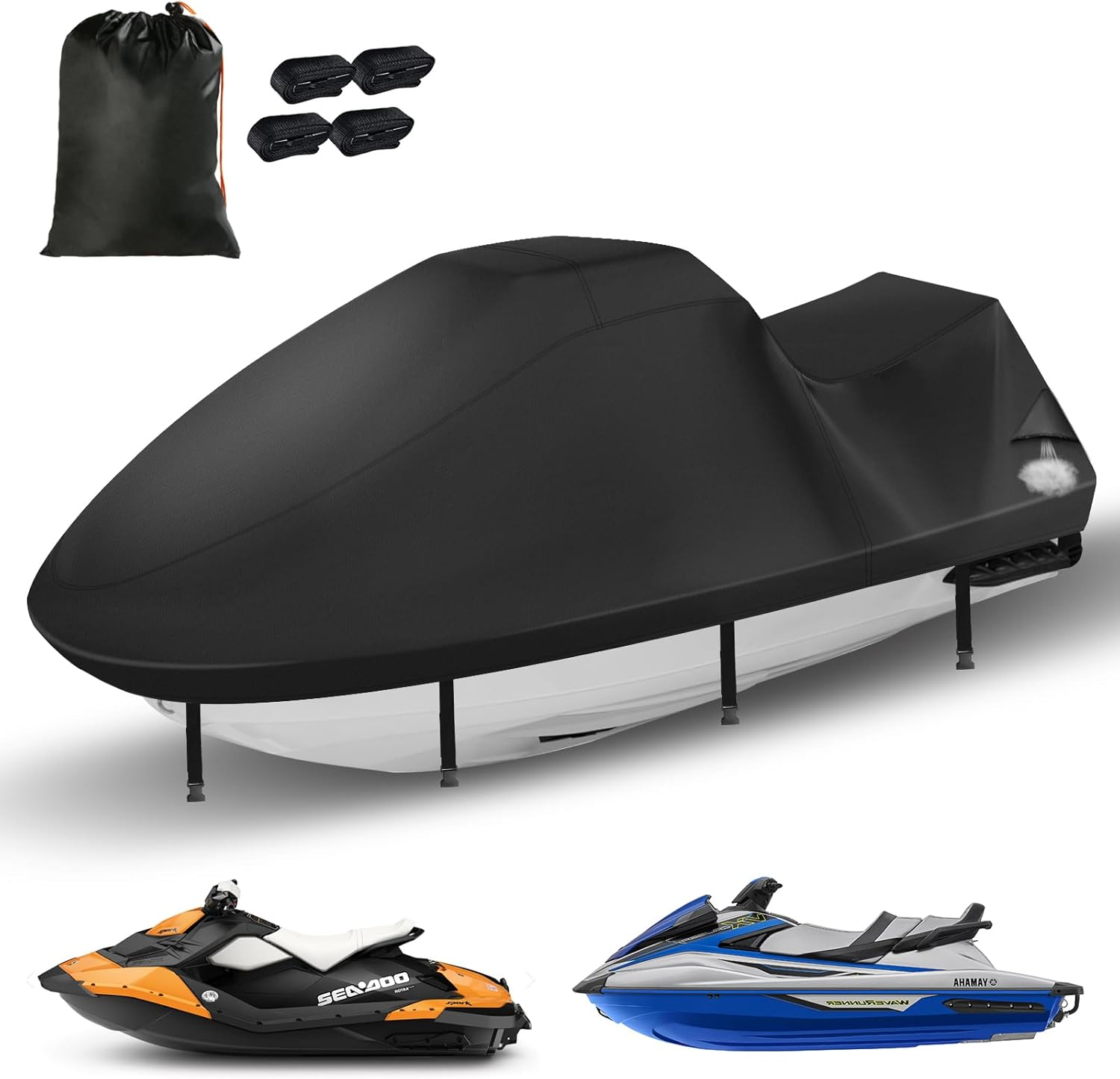 Jetski Covers,Upgraded 420D Waverunner Cover Waterproof,Durable Jet Ski Cover 3 Seater with 2 Air Vents，4 Windproof Buckles，Easy On，All Weather Universal Cover for Seadoo Spark(Black, XL:115"-120")