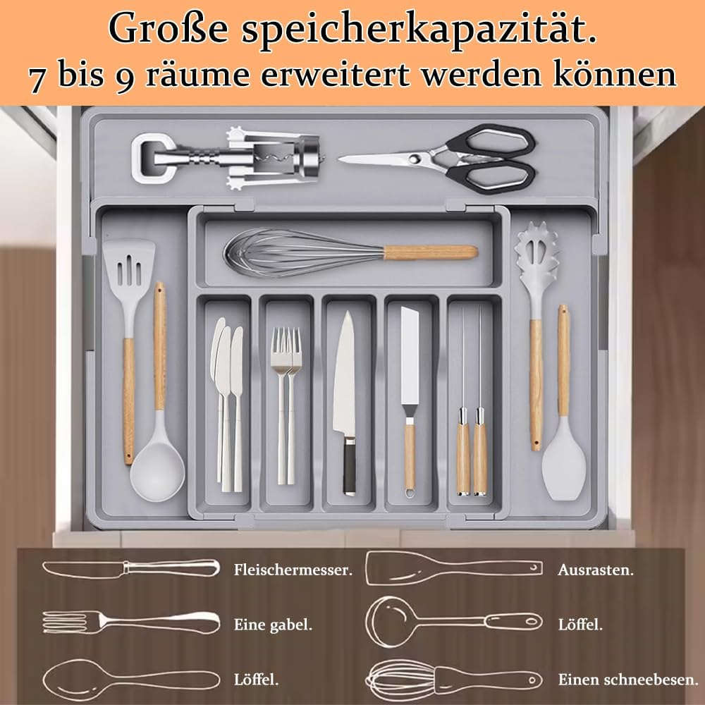 Wnddle Expandable Cutlery Tray for Drawers, Drawer Organiser, Cutlery Tray for Drawers, Adjustable Drawer Insert, Cutlery Tray, Kitchen Organiser, for Spoons/Forks (Grey) - Black 2 image number 6