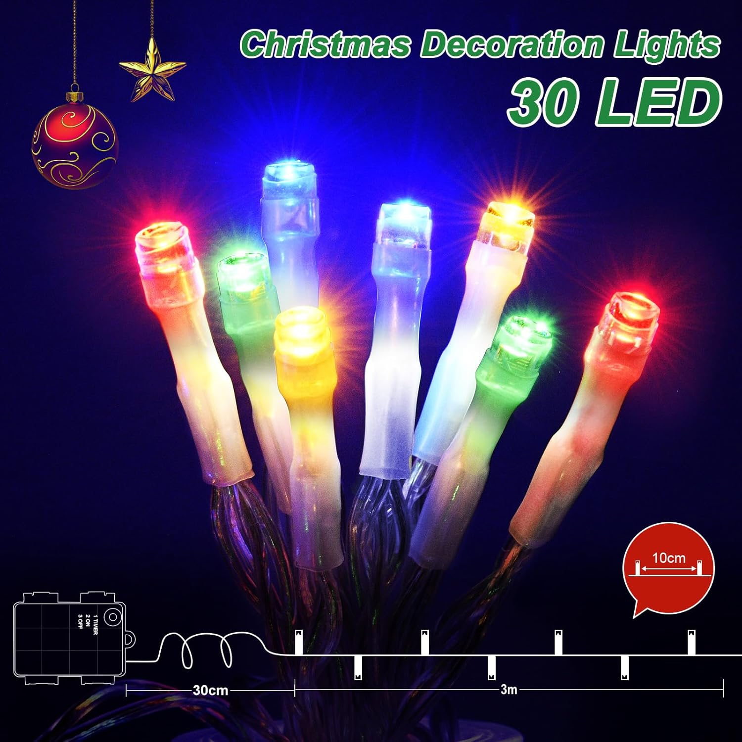 Isisyu Pack of 2 Fairy Lights Outdoor Battery, 3 M 30 LED Fairy Lights Battery with Timer, IP65 Waterproof Fairy Lights Colourful for Indoor Outdoor Christmas Wedding Party Bedroom Christmas Tree image number 2