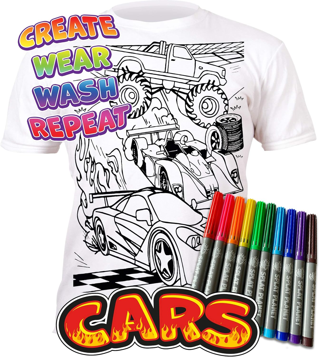 Splat Planet Color in Racing Car T-Shirt with 10 Non-Toxic Washable Magic Pens - Color Your Own T-Shirt
