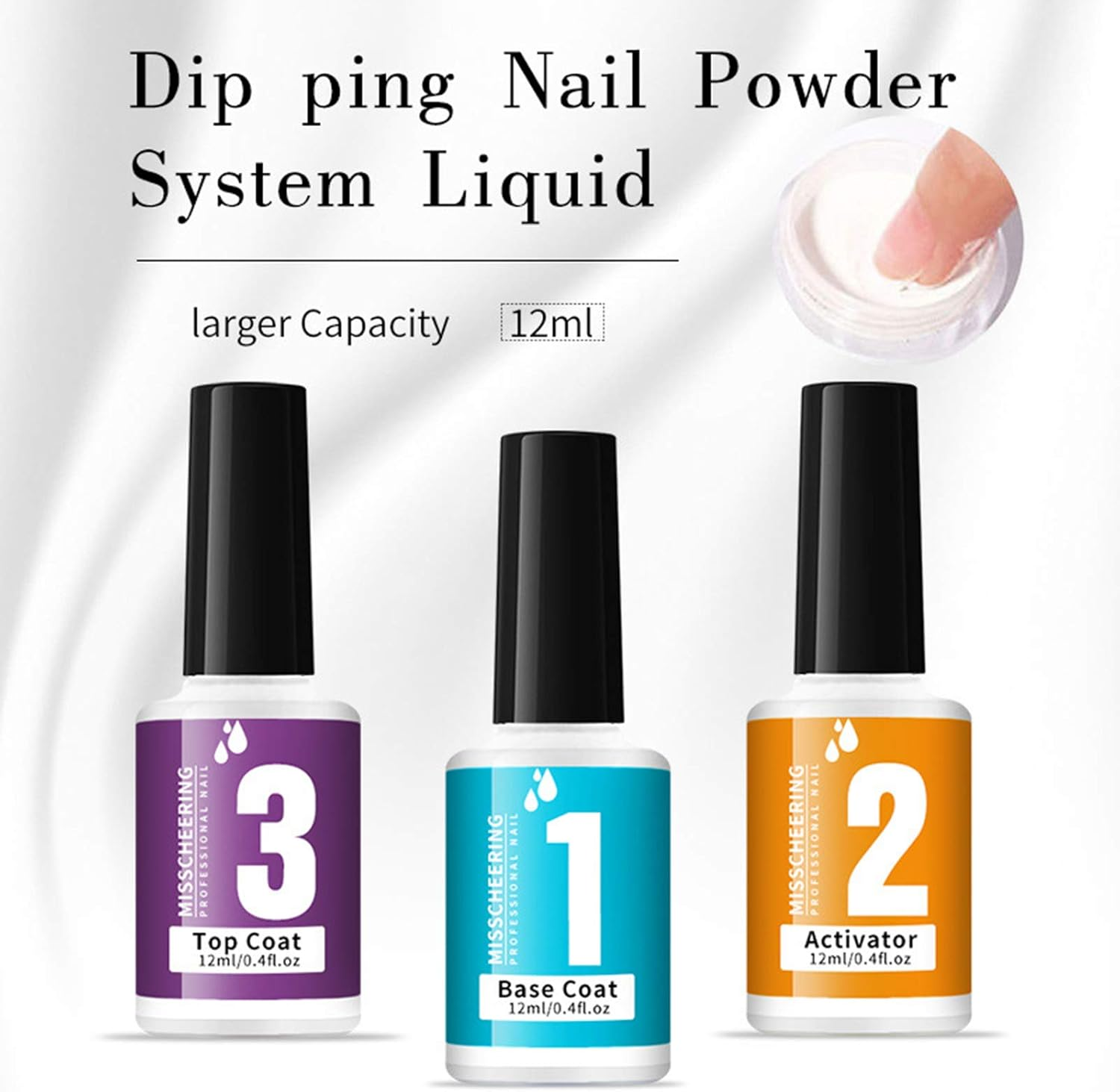 Dipping Powder Nail Liquid Set with Base Coat Top Coat Activator - 3 Bottles 12Ml Each, No UV LED Lamp Needed, Easy to Apply, Rapid Drying, for DIY Home Nail Art, Mild Scent, Even Application image number 3