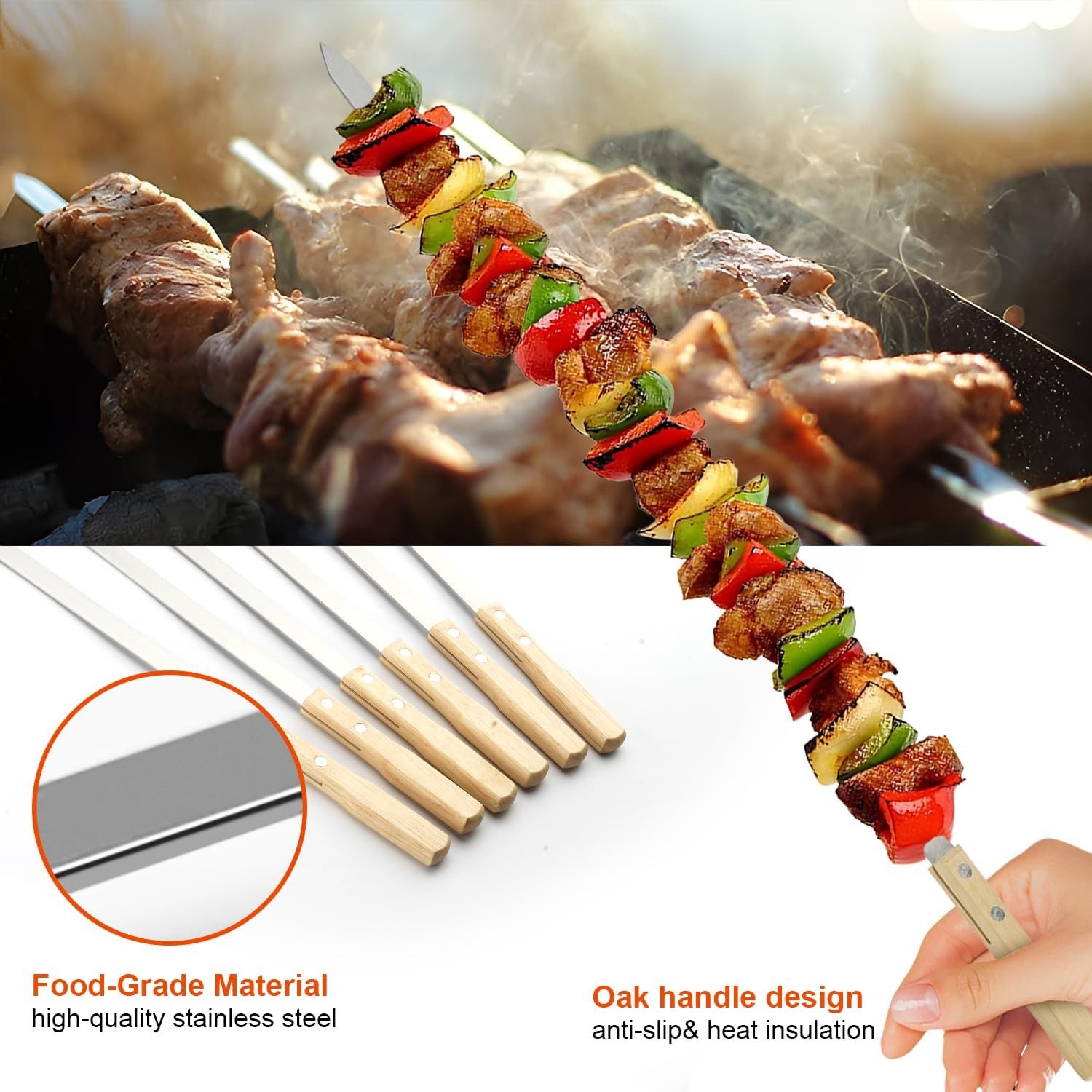Professional Kabob Skewers, 23 Inch Heavy Duty Large Wide Reusable BBQ Barbecue Skewers, Stainless Steel Sticks with Nonslip Wooden (Flat-12 Pcs) - Flat-12 Pcs image number 5