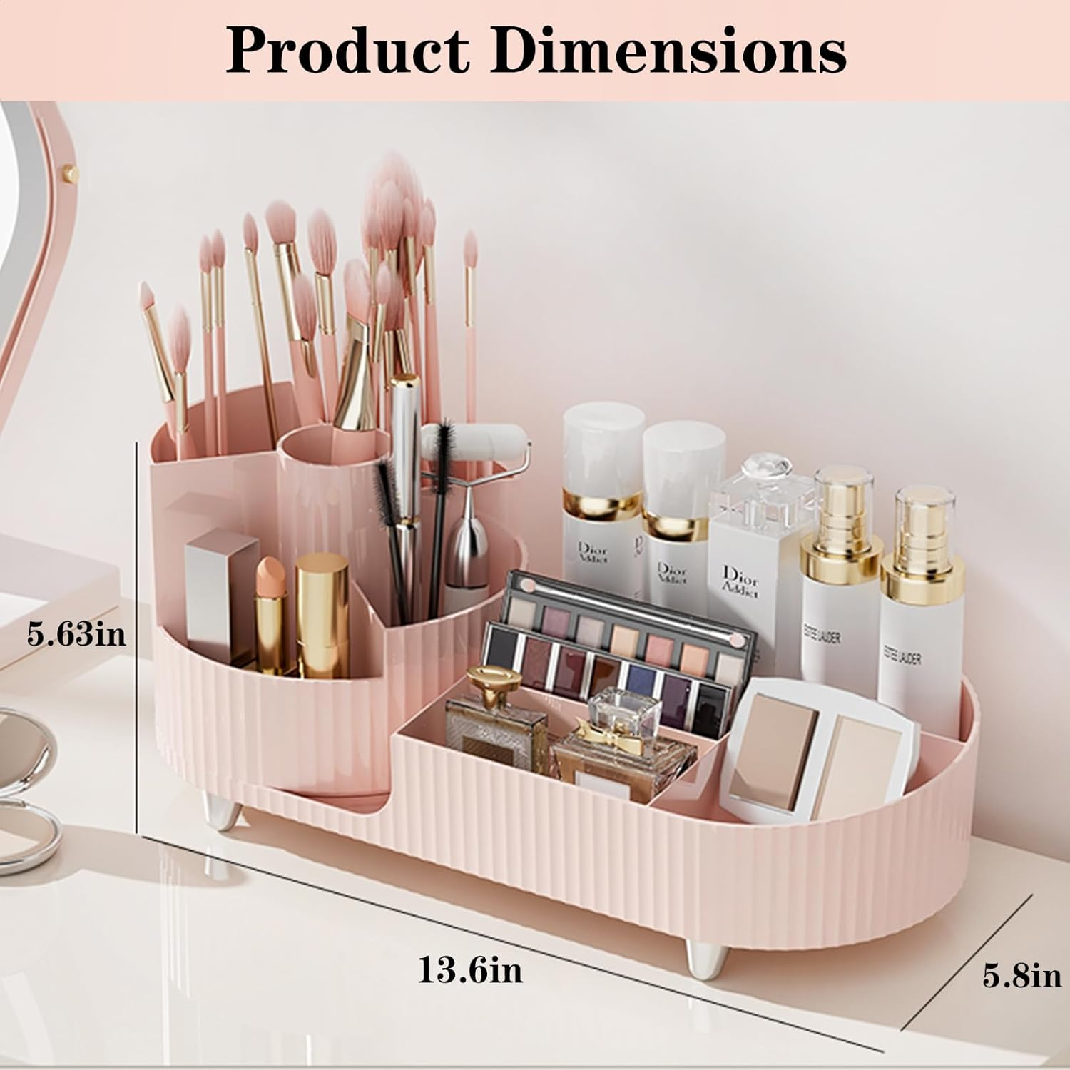 Pink Rotating Vanity Organizer with Brush Holder - Large Spinning Cosmetic Storage, Countertop Makeup & Skincare Organizer, Perfume & Lotions Display Case - 3 Layer Rotating Makeup Organizer-Brown image number 3