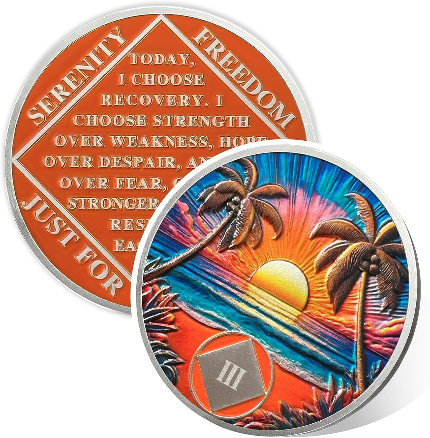 Beach Sunset 3 Year Sobriety Coin- Affirmation Sober Chip and AA Medallion, Alcoholics Anonymous Sobriety Gifts, Addiction Recovery Coin for Men and Women image number 2