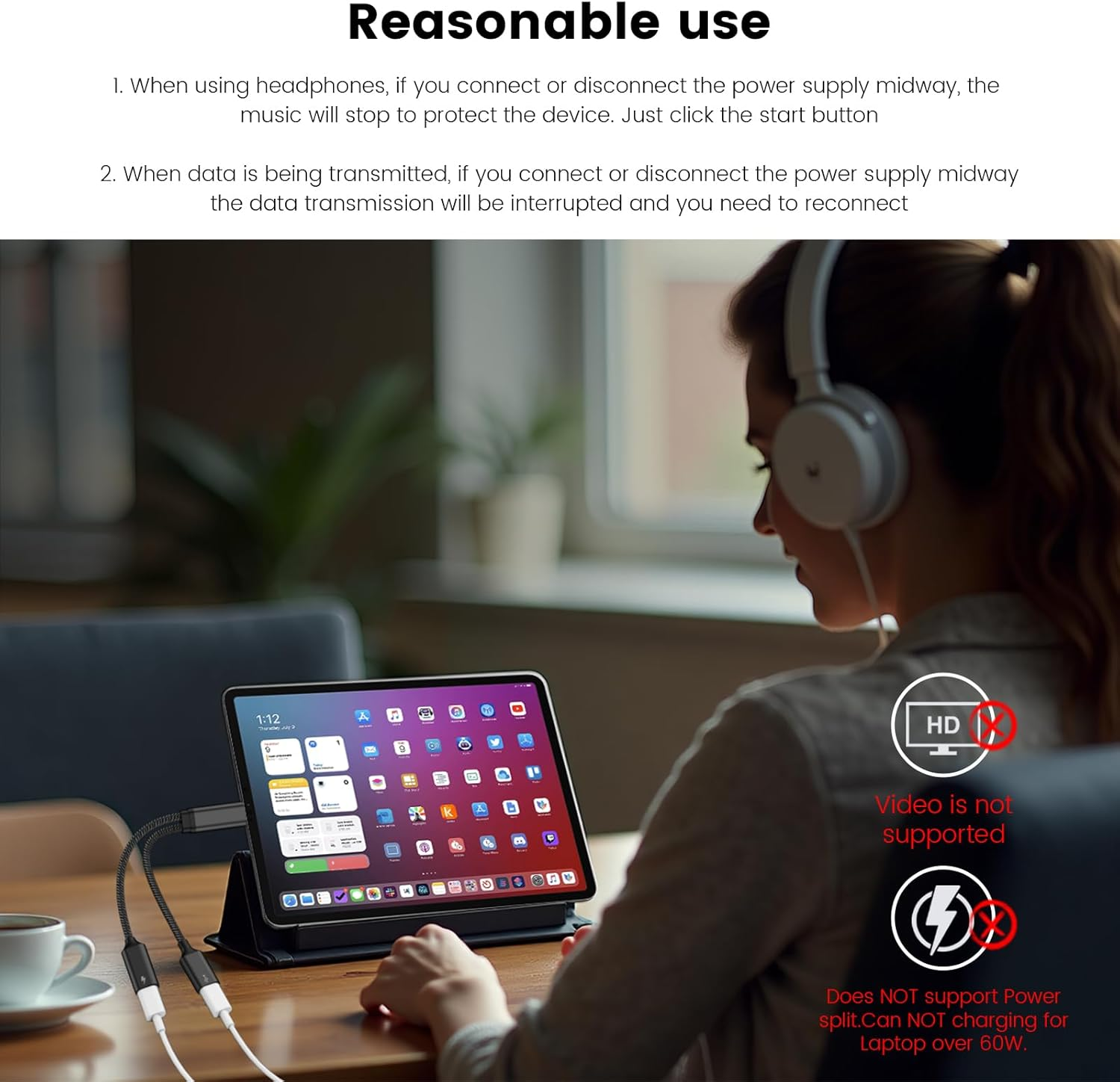 MOGOOD USB C Splitter USB C to USB C Female Adapter USB Y Splitter Cable(Not for Monitor) USB C Male to 2USB-C Female Cord Double USB C Port Hub USB C Charging Split Adapter for Mac,Xbox One,Laptop image number 5