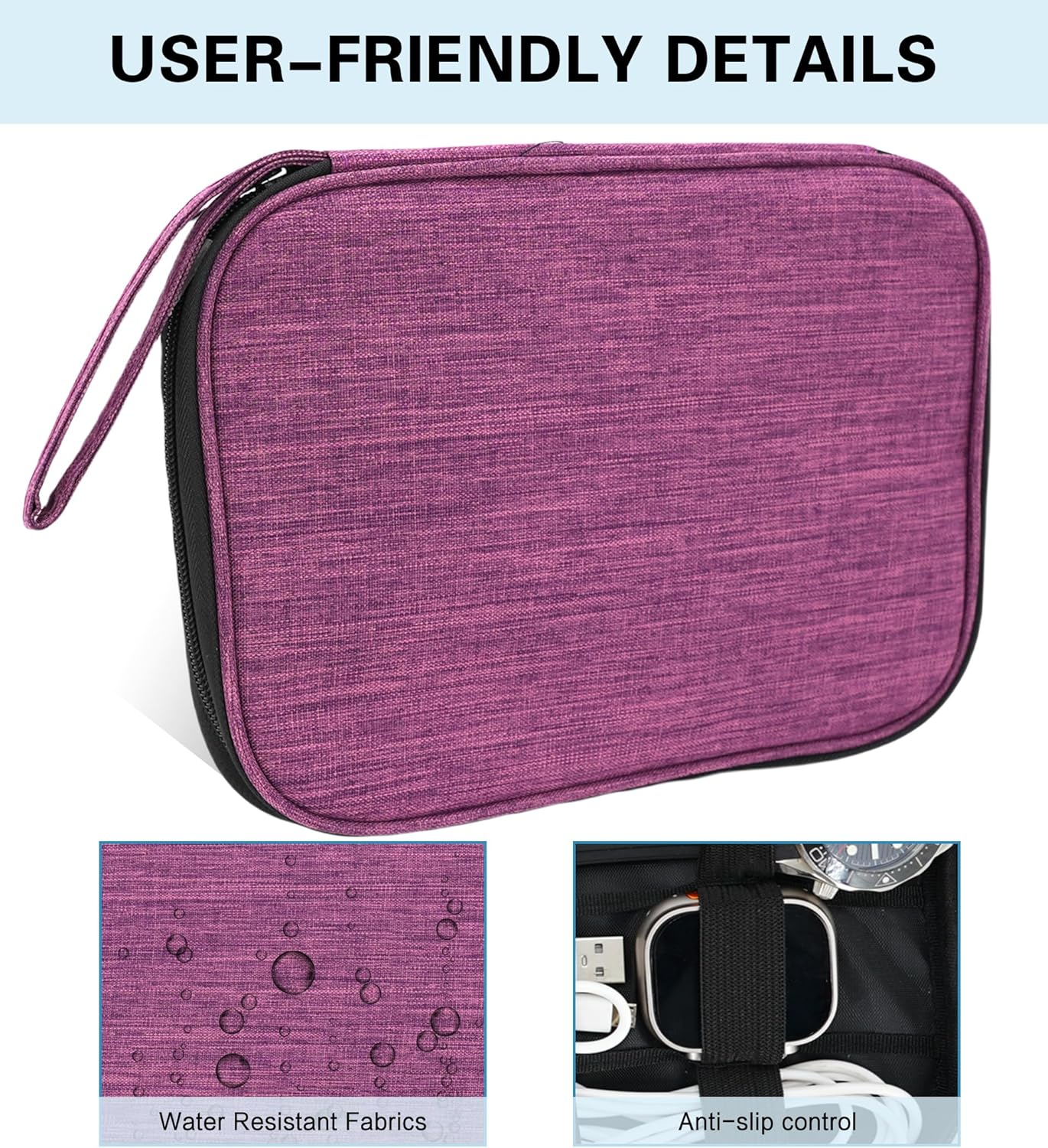 Electronics Organizer Travel Case &ndash; Portable Waterproof Tech Accessory Bag for Cables, Chargers, Watch Straps & Gadgets with Zipper, Hanging Strap & Elastic Compartments for Travel, Office, Daily Use image number 2