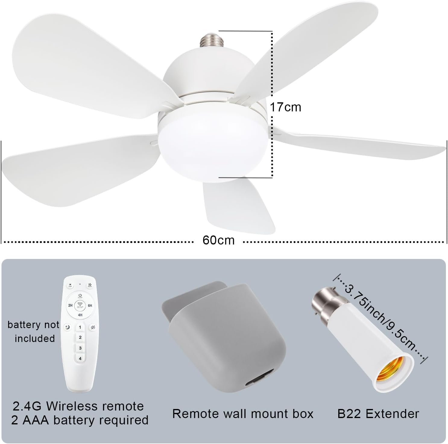 60CM Socket Fan Light with B22 Base Extension, Upgraded LED Light Socket Fan, Ceiling Fan with Lights and Remote for Bathroom, Kitchen, Bedroom image number 4