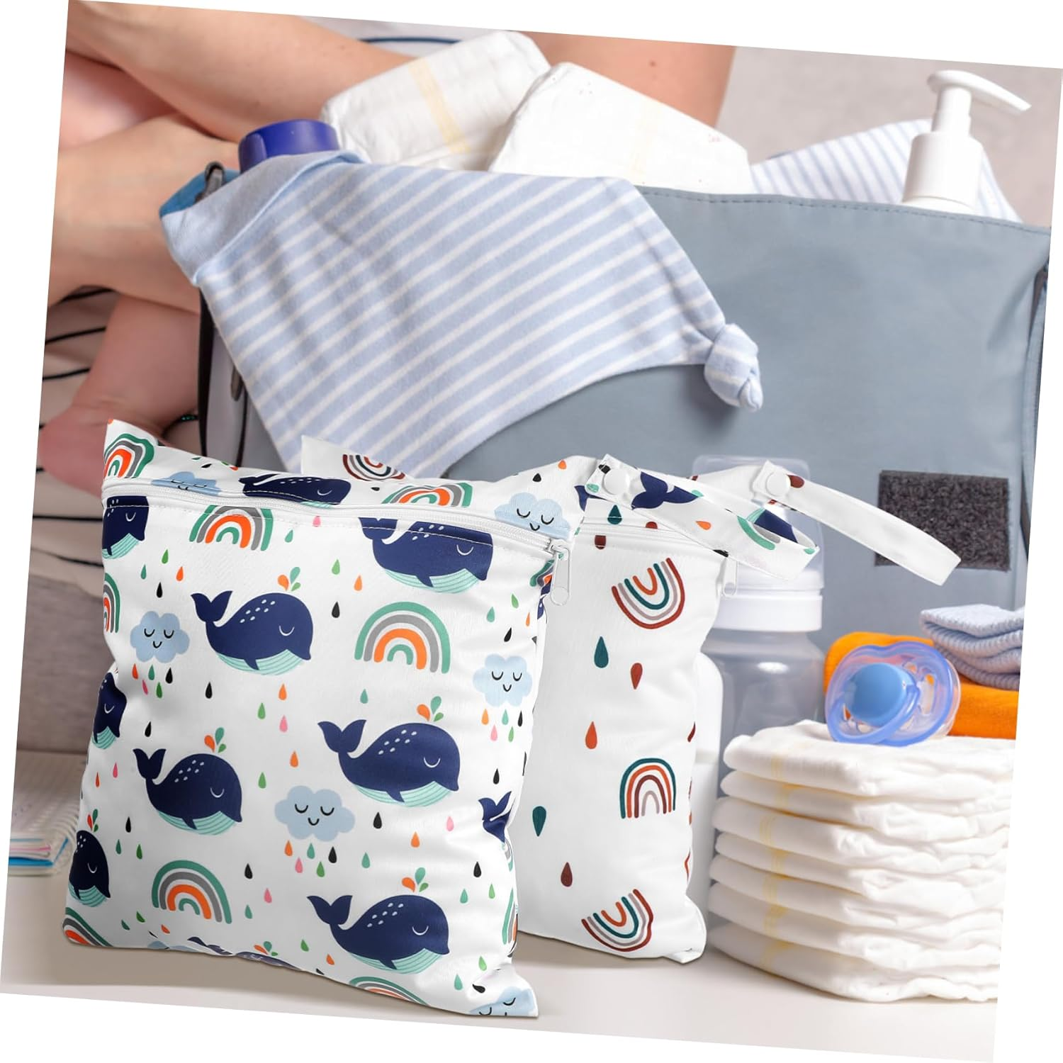 Hohopeti 2Pcs Portable Wet Bag Cartoon Patterns Diaper Caddy Bag for Organiser Travel Napkin Zipper Closure image number 6