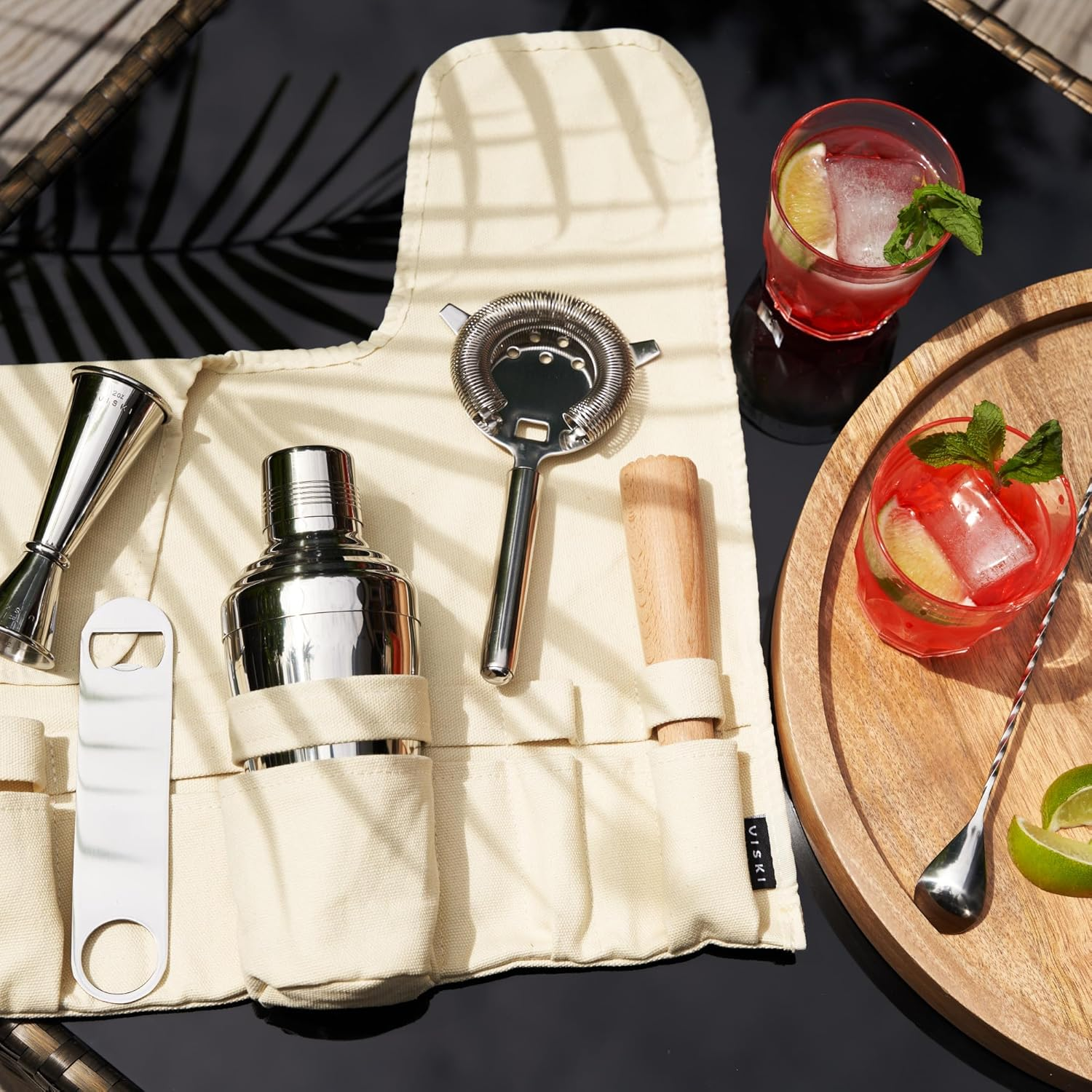 Viski Travel Bartender Kit 6Pc Set, Drink Mixers for Cocktails Gift Essentials: Classic Cobbler Shaker, Hawthorne Strainer, Bottle Opener, Jigger, Barspoon, Muddler & Canvas Carry Bag