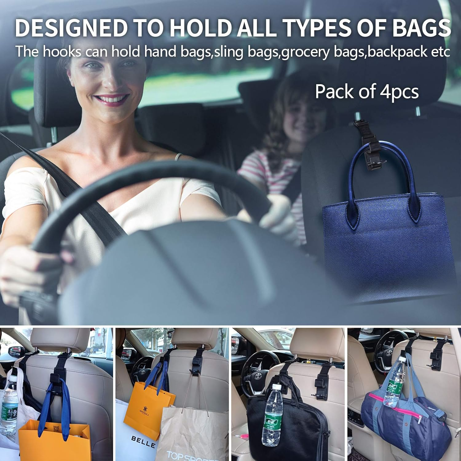 Car Seat Headrest Hook, 4 Pack Universal Car Storage Headrest Hanger Holder Hooks, Vehicle Strong and Durable Backseat Hanger for Handbag Purse Coat and Grocery Bag image number 4