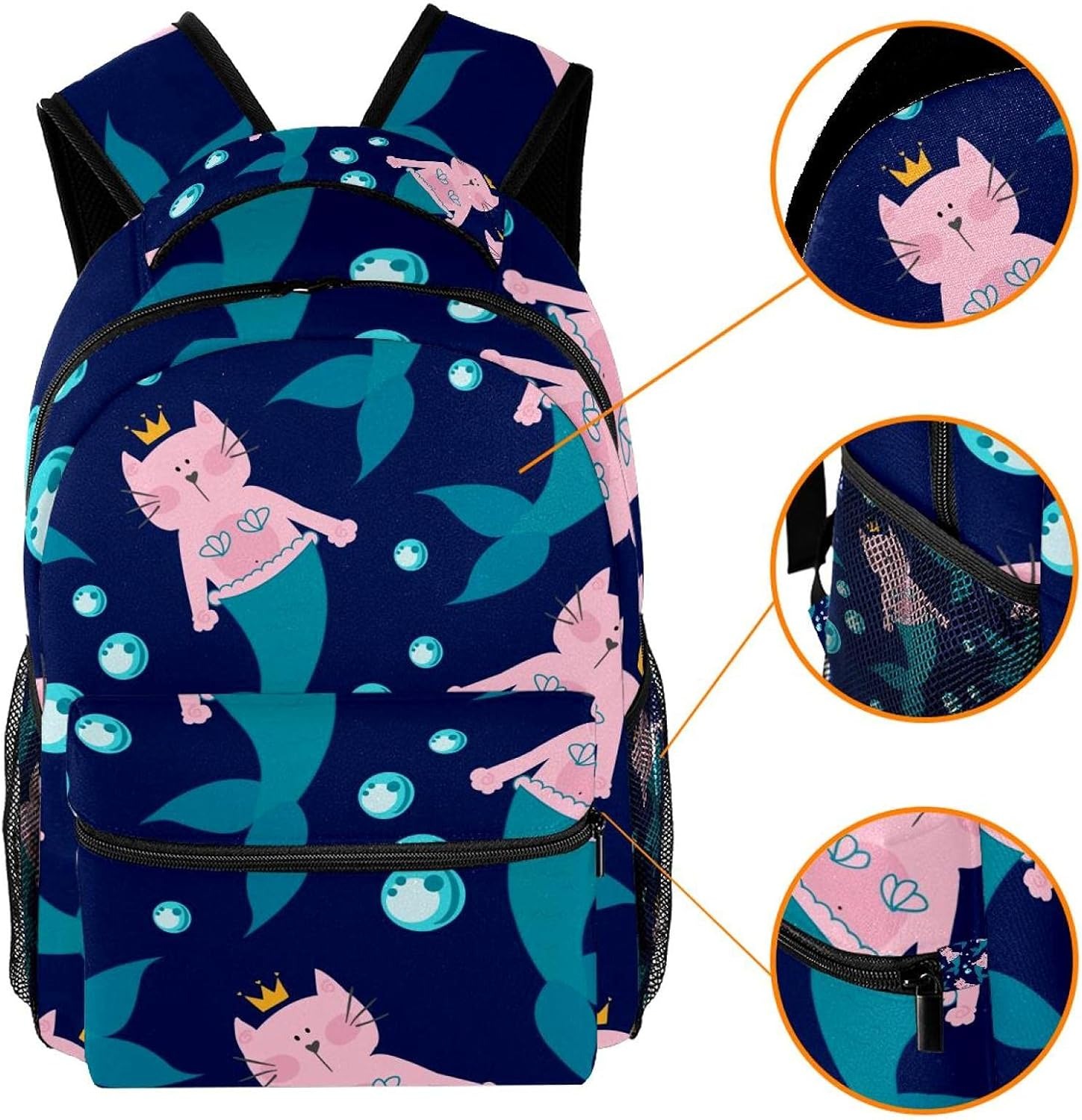 Cat Mermaid and Bubbles Backpack Students Shoulder Bags Travel Bag College School Tote Backpacks image number 3