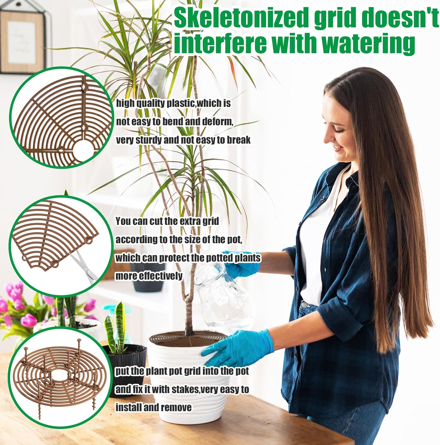 4 Pcs Plant Pot Grid,20.5 Inch 11.8 Inch Soil Protector Covers Cuttable Flower Pot Grid,Cat Digging Stopper Baby Safety Plant Pot Cover with Stakes for Indoor Outdoor image number 5