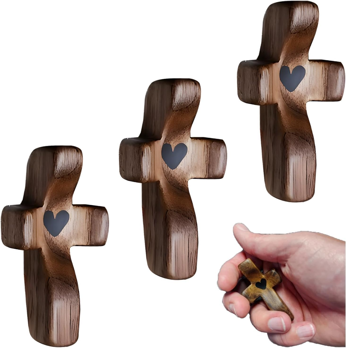 Olive Wood Mini Cross, Cross My Heart, Encouragement Gift, Fingertip Stress Relief Gifts, Relieve Anxiety Comfort for Praying, Children and Adults Pocket Olive Wood Cross Religious Present(5Pcs)