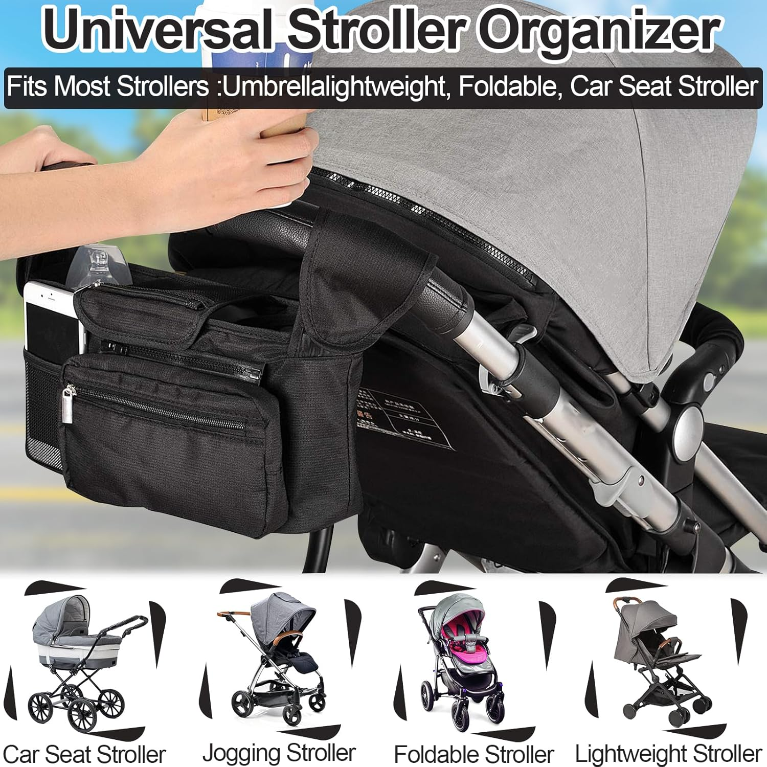 Universal Stroller Organizer with Insulated Cup Holders Detachable Phone Bag & Shoulder Strap, Stroller Accessories Fits for Britax, Uppababy, Baby Jogger, Bugaboo, BOB Stroller (Black)