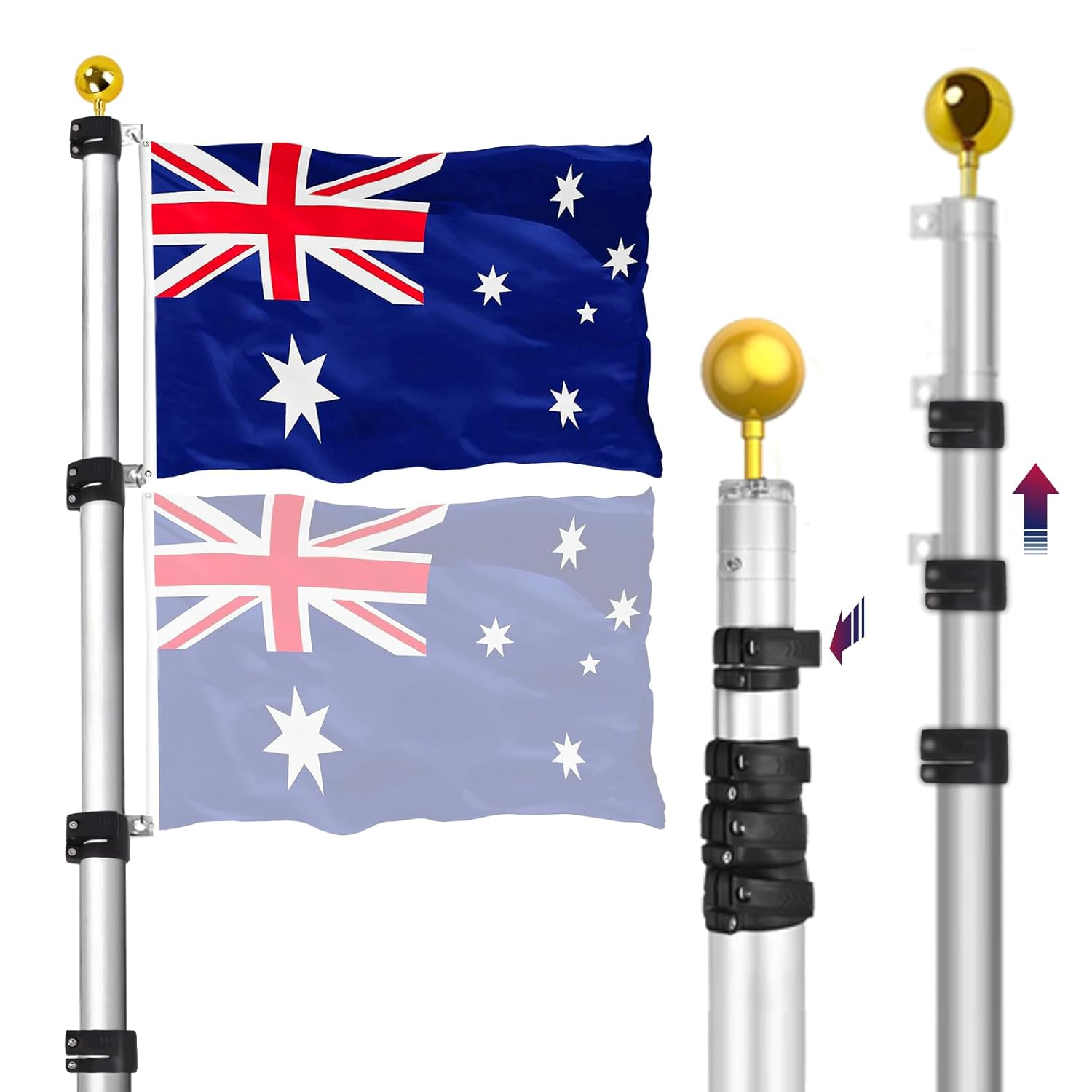 The 6.1M Telescopic Flag Pole Kit, Heavy Duty Aluminum Telescoping Flagpole Kit Fly 2 Flags, Outdoor in Ground Flagpole with 3X5 AU Flag & Gold Ball Top for Residential or Commercial, Silver image number 6